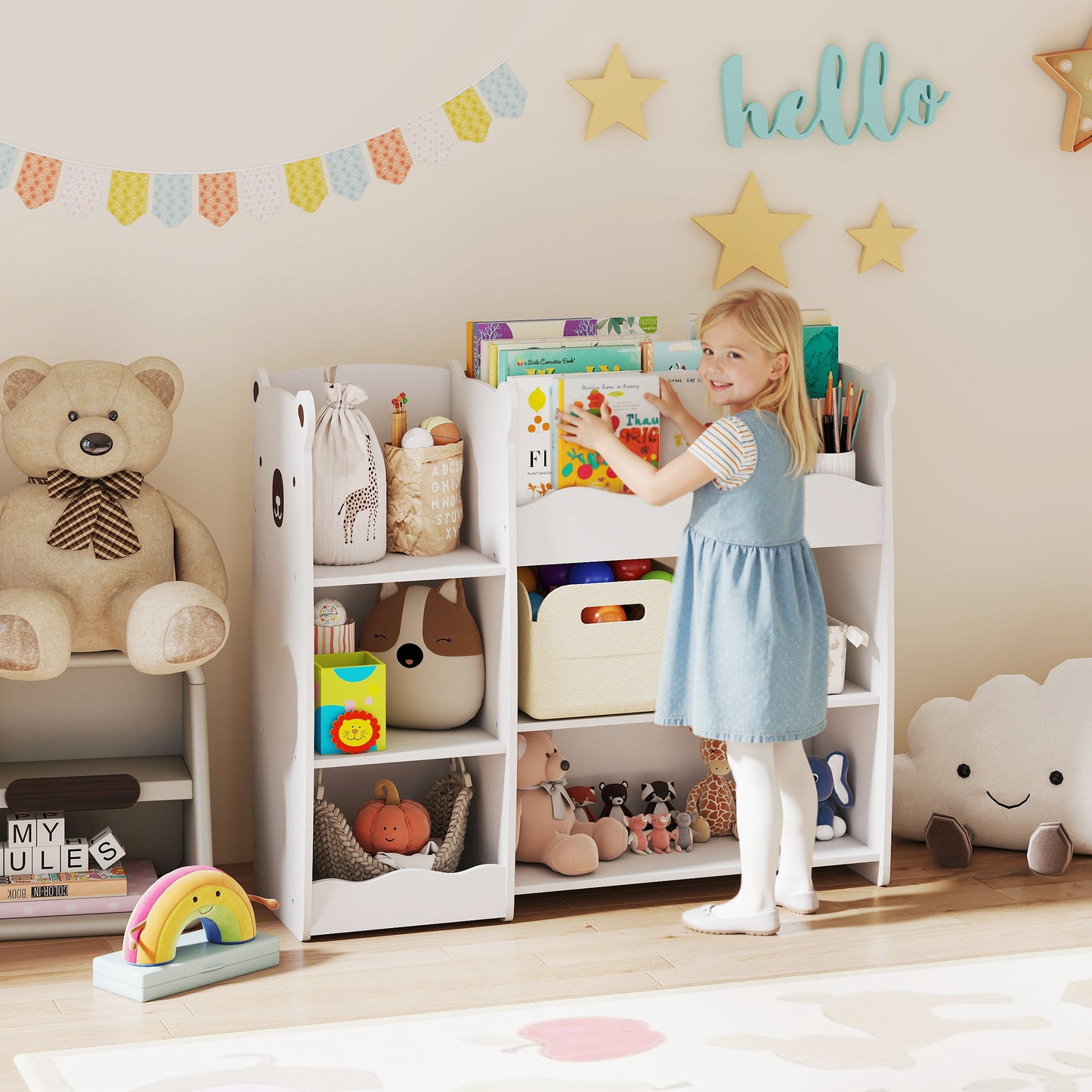 AIYAPLAY Bear Design Kids Toy Storage Unit Bookshelf And Organizer For Bedroom Nursery Playroom White