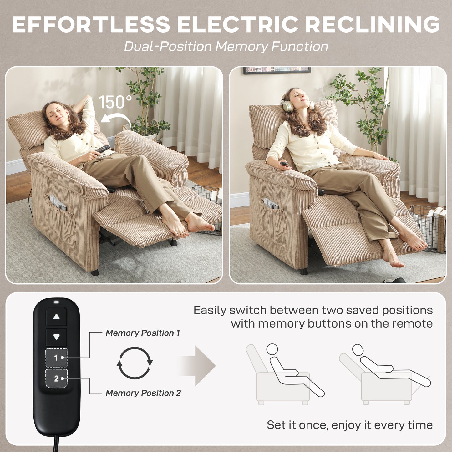 HOMCOM Corduroy Electric Massage Recliner Brown With Heat And Memory Function For Ultra Quiet Comfort