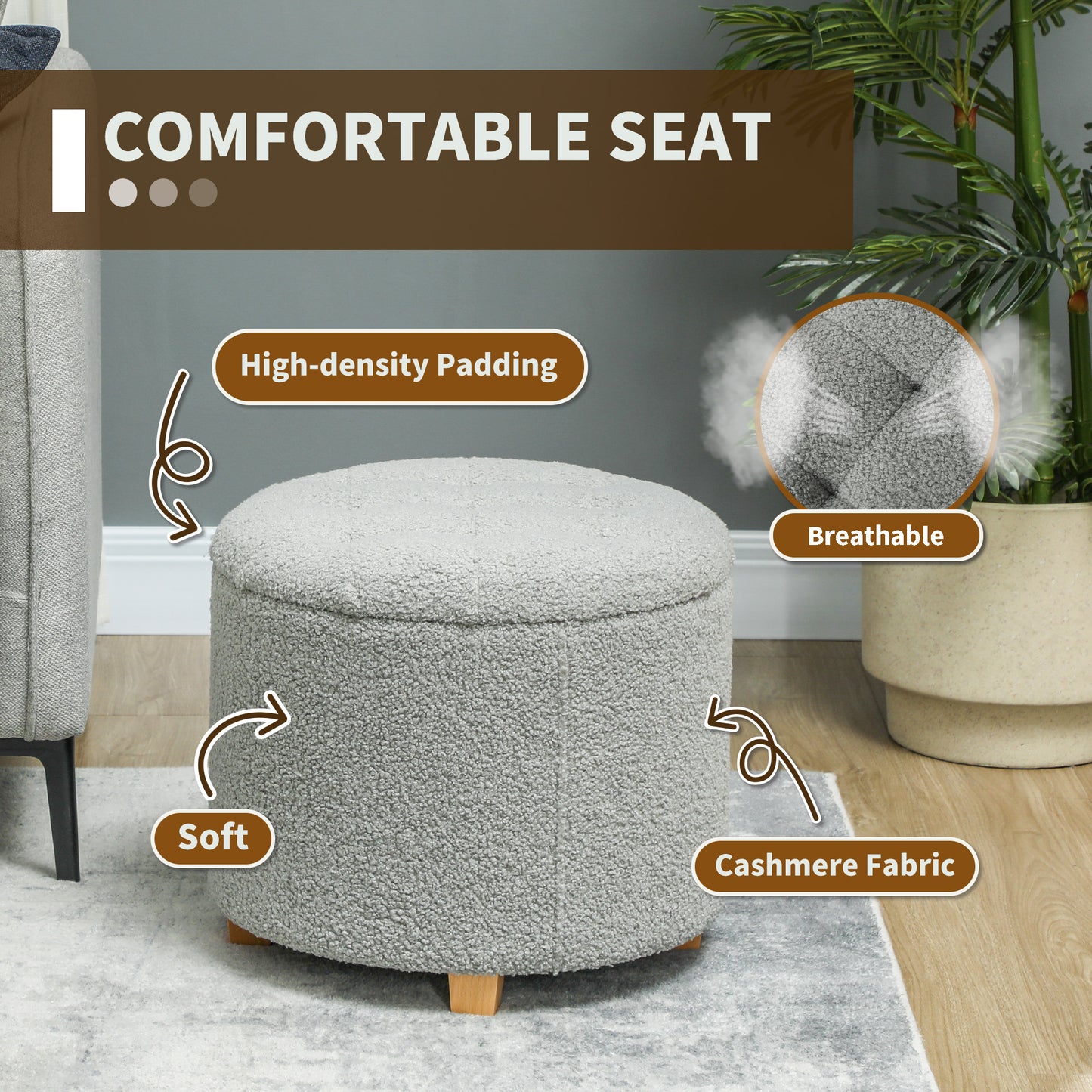 HOMCOM 40.5L Teddy Fleece Storage Ottoman Grey with Button Tufted Lid for Cozy Seat and Storage