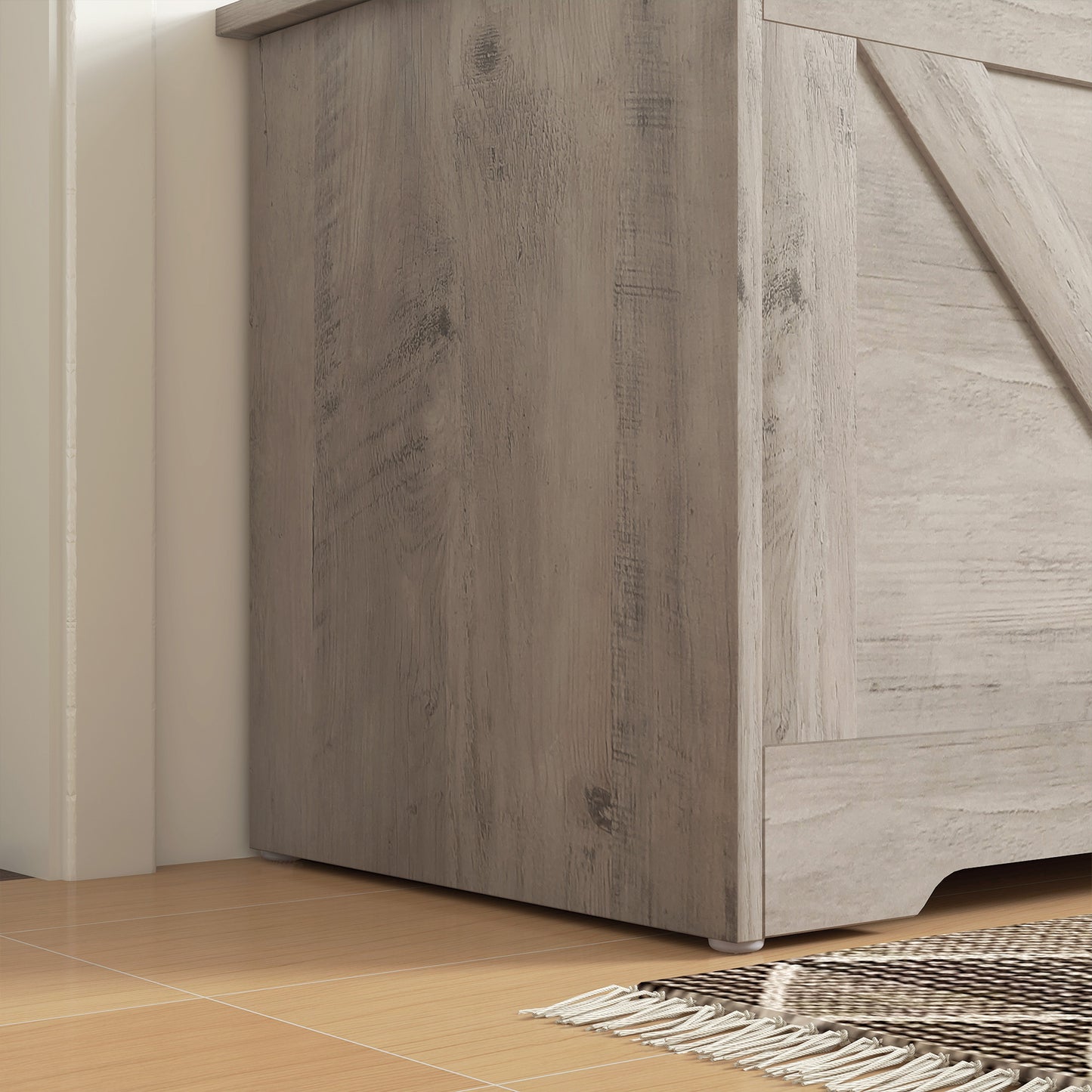 HOMCOM 100L Grey Wood Effect Storage Ottoman With Safety Hinges And Flat Lid Perfect For Blankets And Cushions