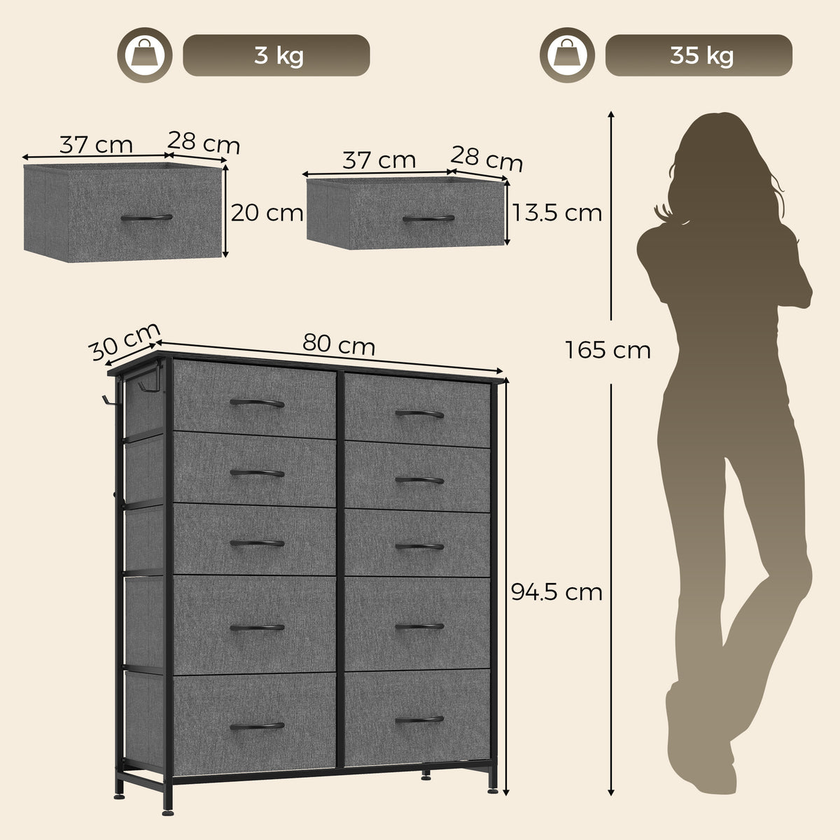 HOMCOM 10 Drawer Fabric Dresser with Steel Frame, 4 Side Pockets and 2 Hooks