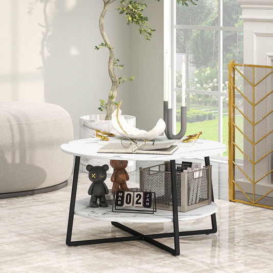 HOMCOM Round Two Tier Marble Effect Coffee Table White Black Finish With Adjustable Foot Pads