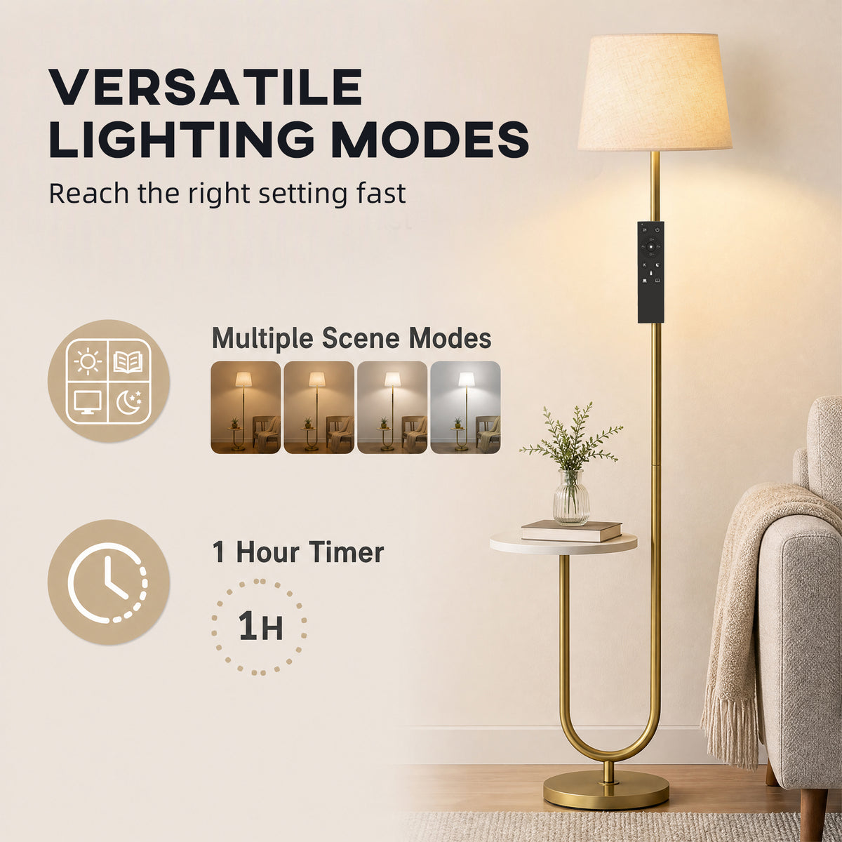 Dimmable floor lamp with linen shade, brass base, and display of lighting modes and timer
