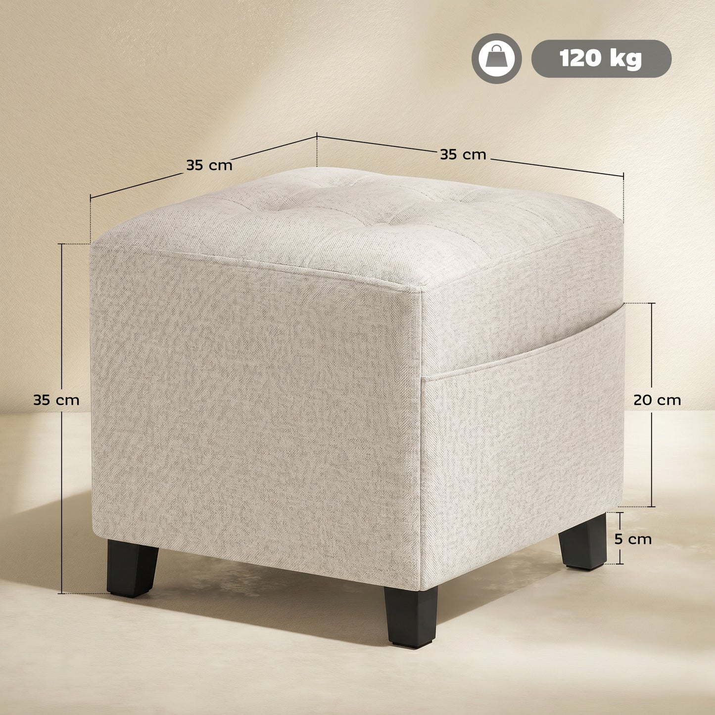 HOMCOM Small Storage Ottoman Square Footstool With Side Pocket Rubber Wood Legs Padded Beige Living Room