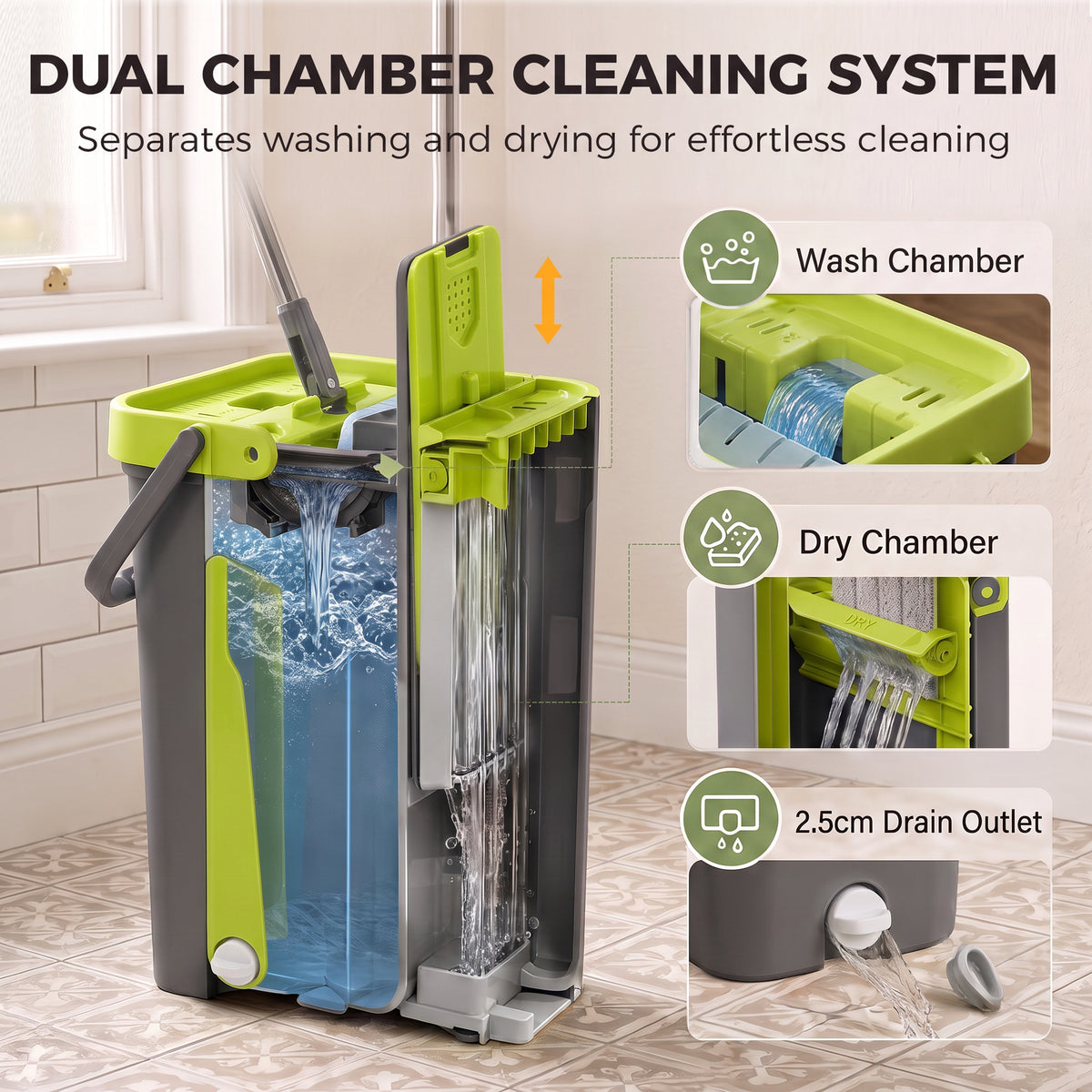 Dual chamber cleaning bucket with wringer system for washing and drying mop pads
