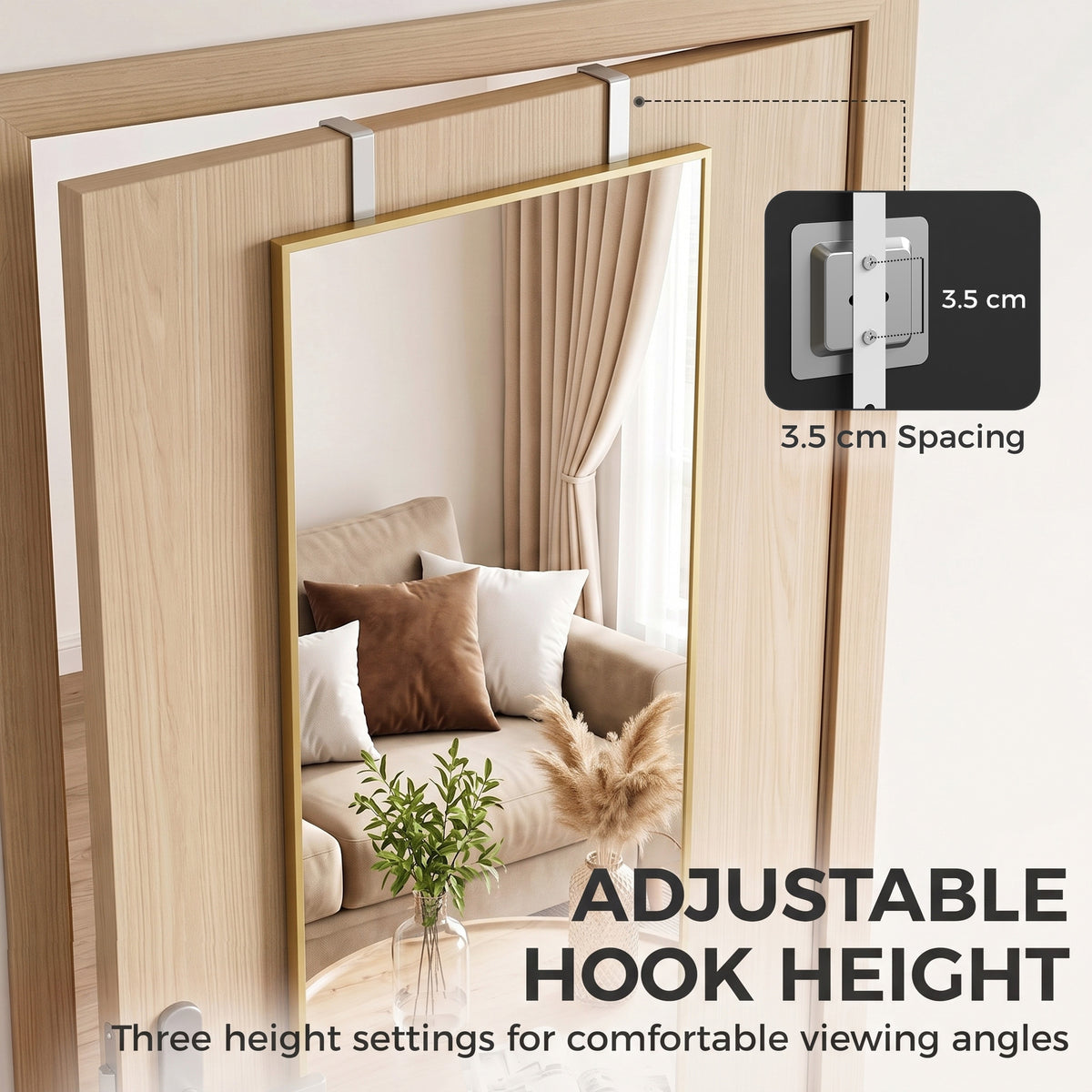 Full length mirror with adjustable hook height and three mounting settings