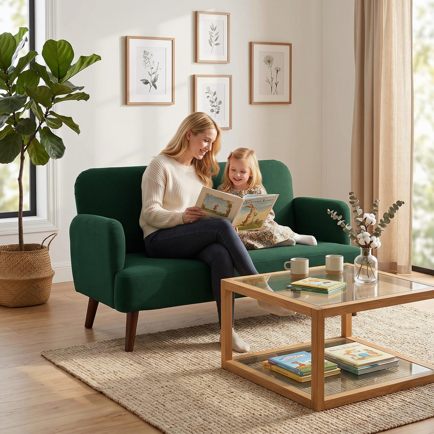 HOMCOM Velvet Feel Fabric 2 Seater Sofa Dark Green With 21cm Thick Padding And Wood Legs