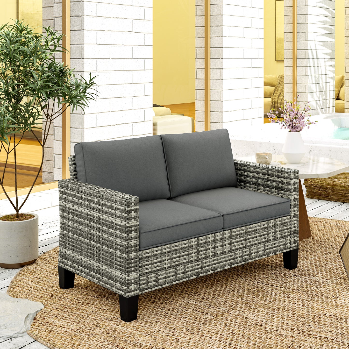 Outsunny Two Seater Rattan Outdoor Sofa With Thick Cushions And Adjustable Feet Light Grey