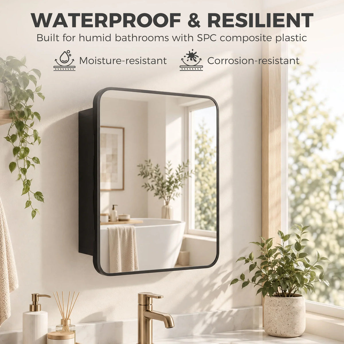 Wall-mounted mirrored cabinet with rounded door frame and reflective glass