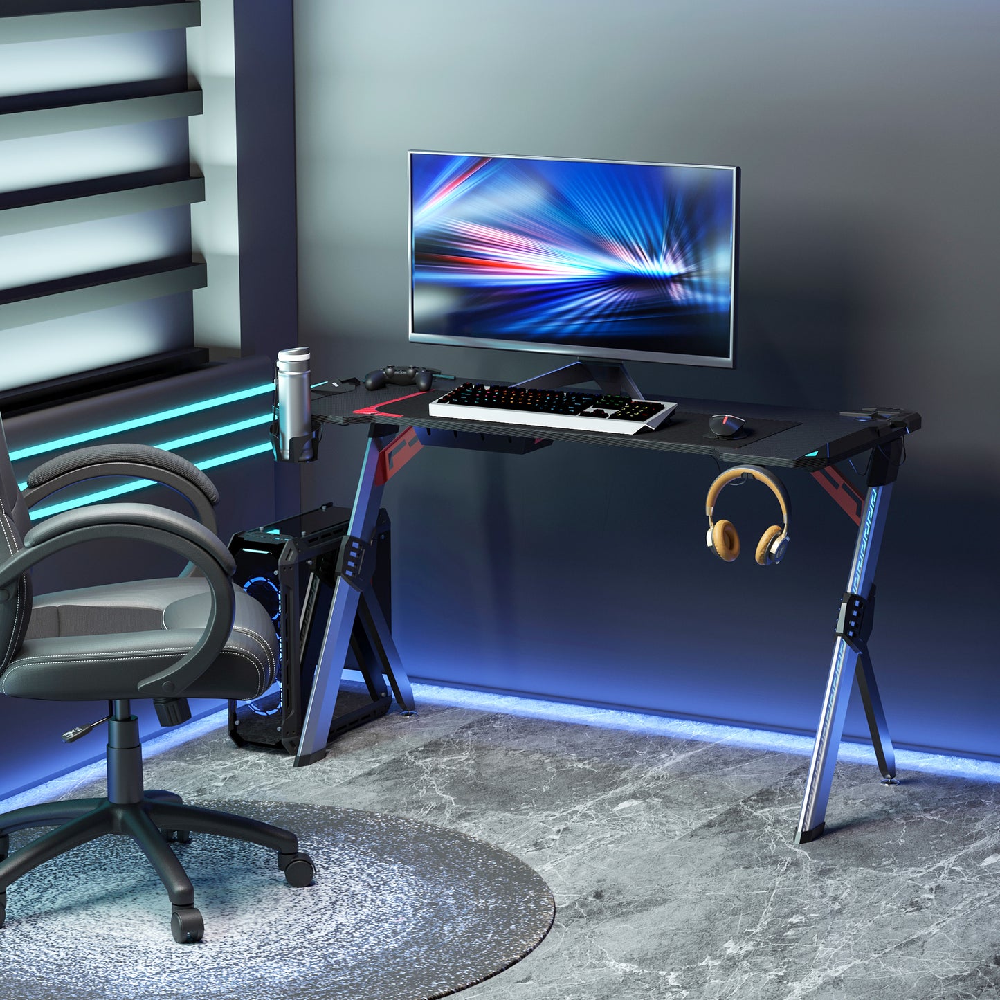 HOMCOM Ergonomic Gaming Desk with LED Lights and Carbon Fiber Surface - Black Steel Frame with Cup Holder and Headphone Hook - ALL4U RETAILER LTD