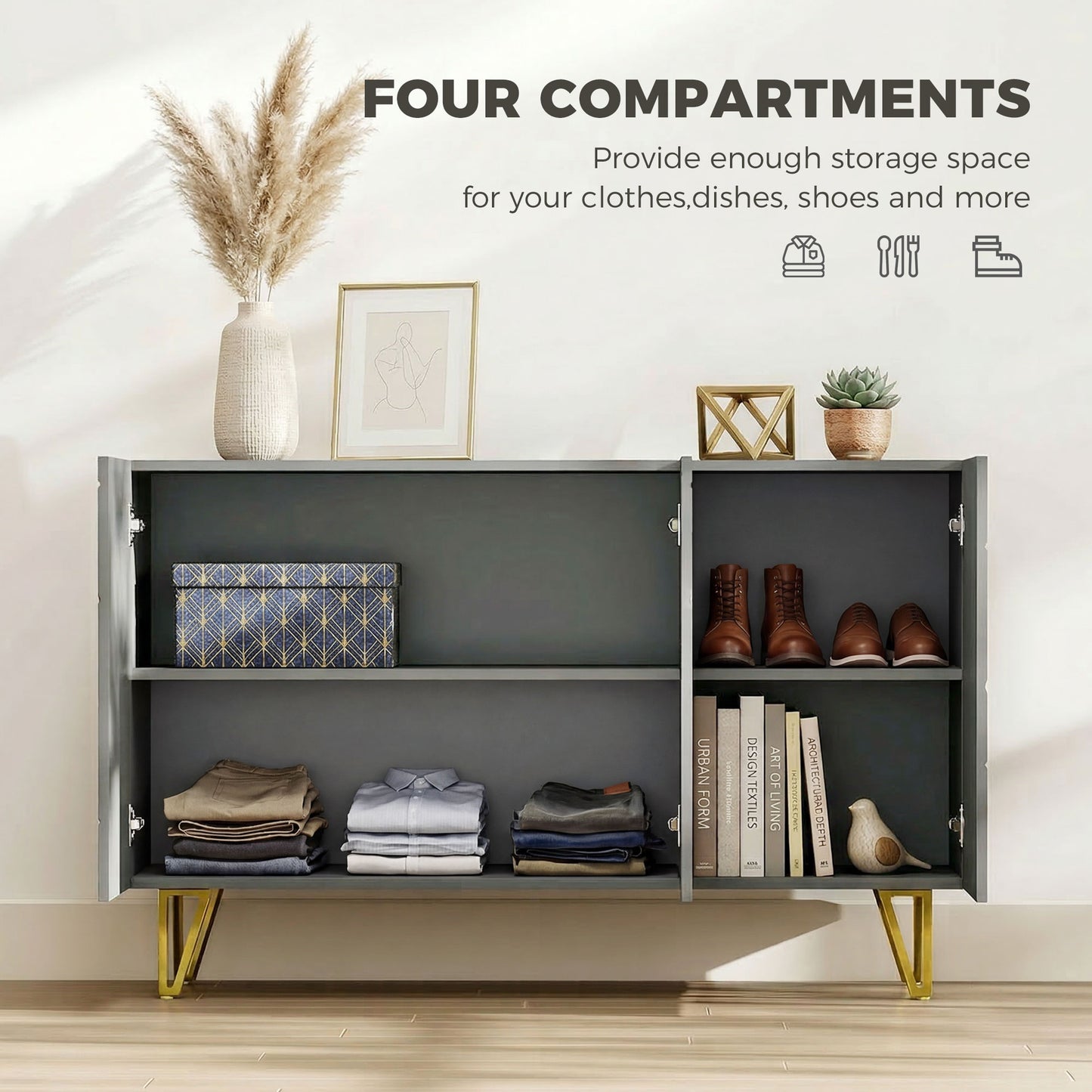 HOMCOM Modern Luxe High Gloss Sideboard with Hairpin Legs in Grey Gold Colored Finish with Two Large Storage Areas