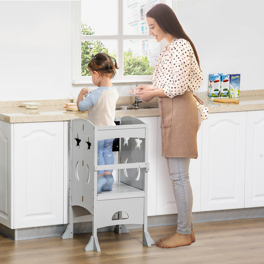 HOMCOM Grey Toddler Step Stool with Blackboard and Safety Handrail for Kids Kitchen Activities - ALL4U RETAILER LTD