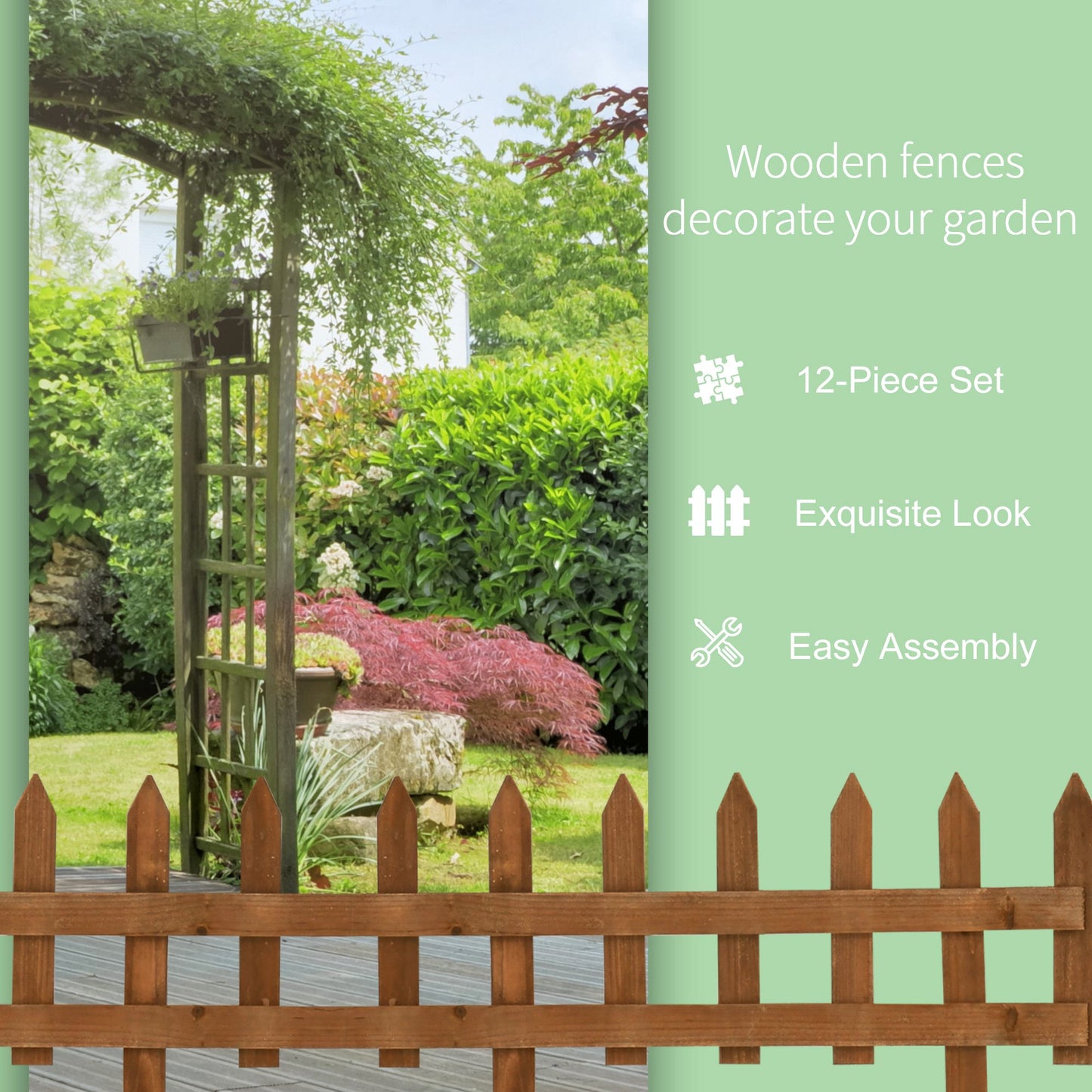Outsunny 24 Pack Wooden Border Fences For Garden Edging And Flowerbeds 60L x 1D x 34H Cm Brown