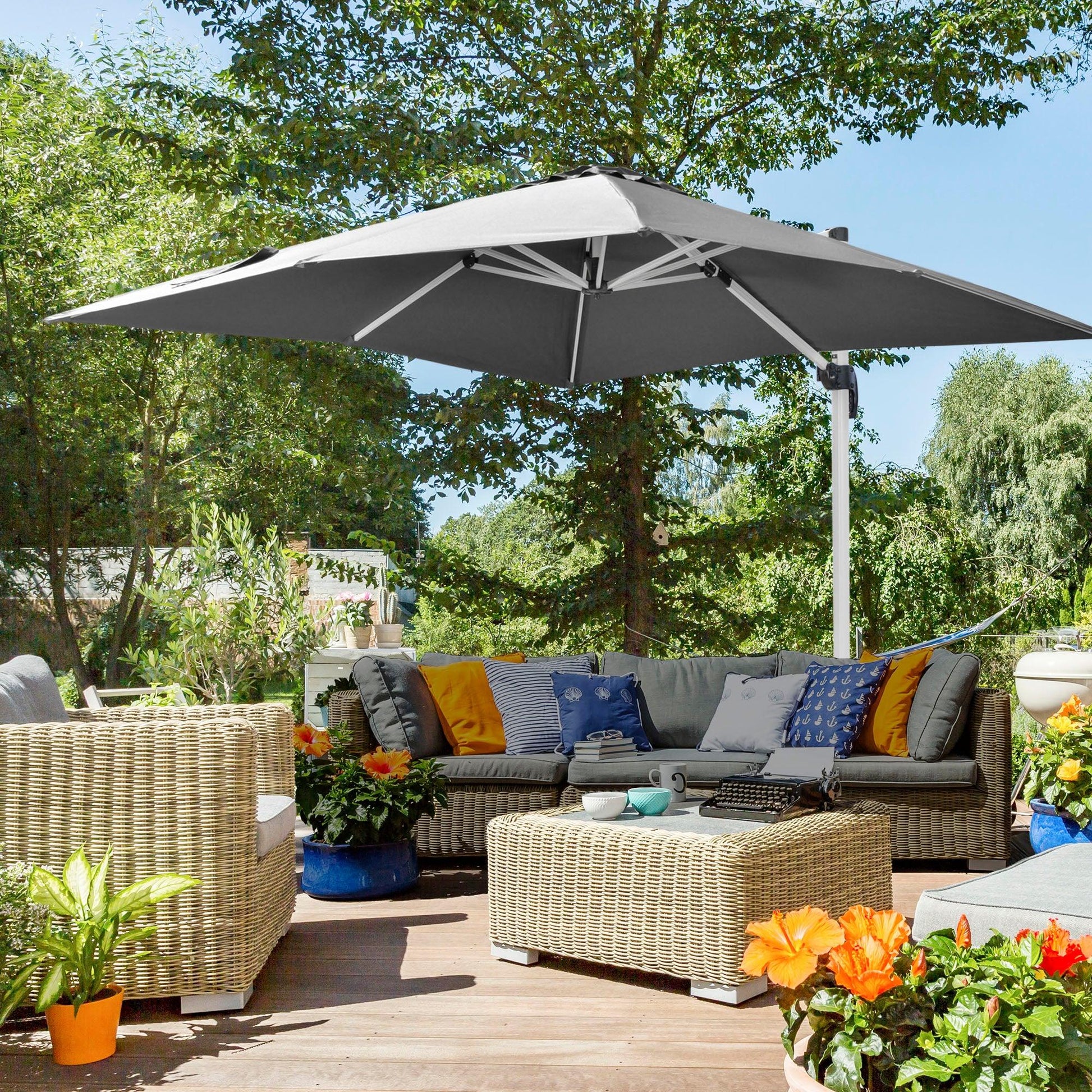 Outsunny 3x3m Grey Cantilever Parasol with Cross Base - ALL4U RETAILER LTD