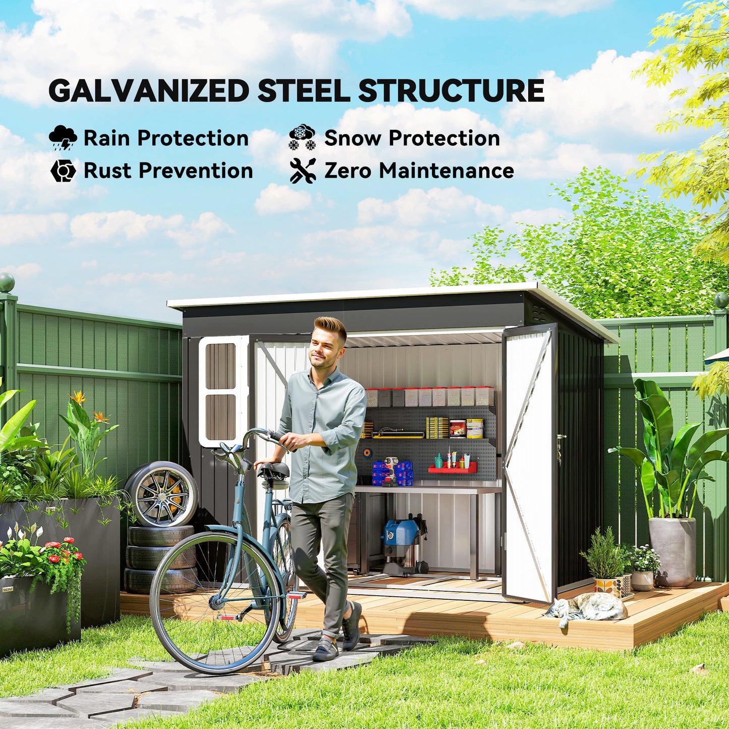 Outsunny 8.5 x 6ft Galvanised Steel Storage Shed With Foundation Kit Window Lockable Wide Doors Air Vents Dark Grey