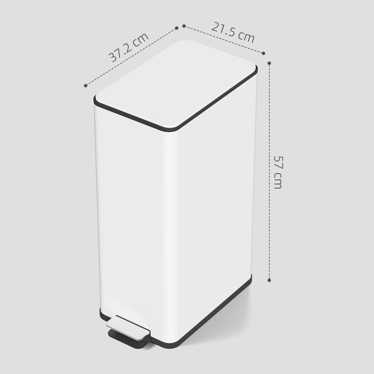 White rectangular pedal trash bin with black lid and foot pedal, angled view