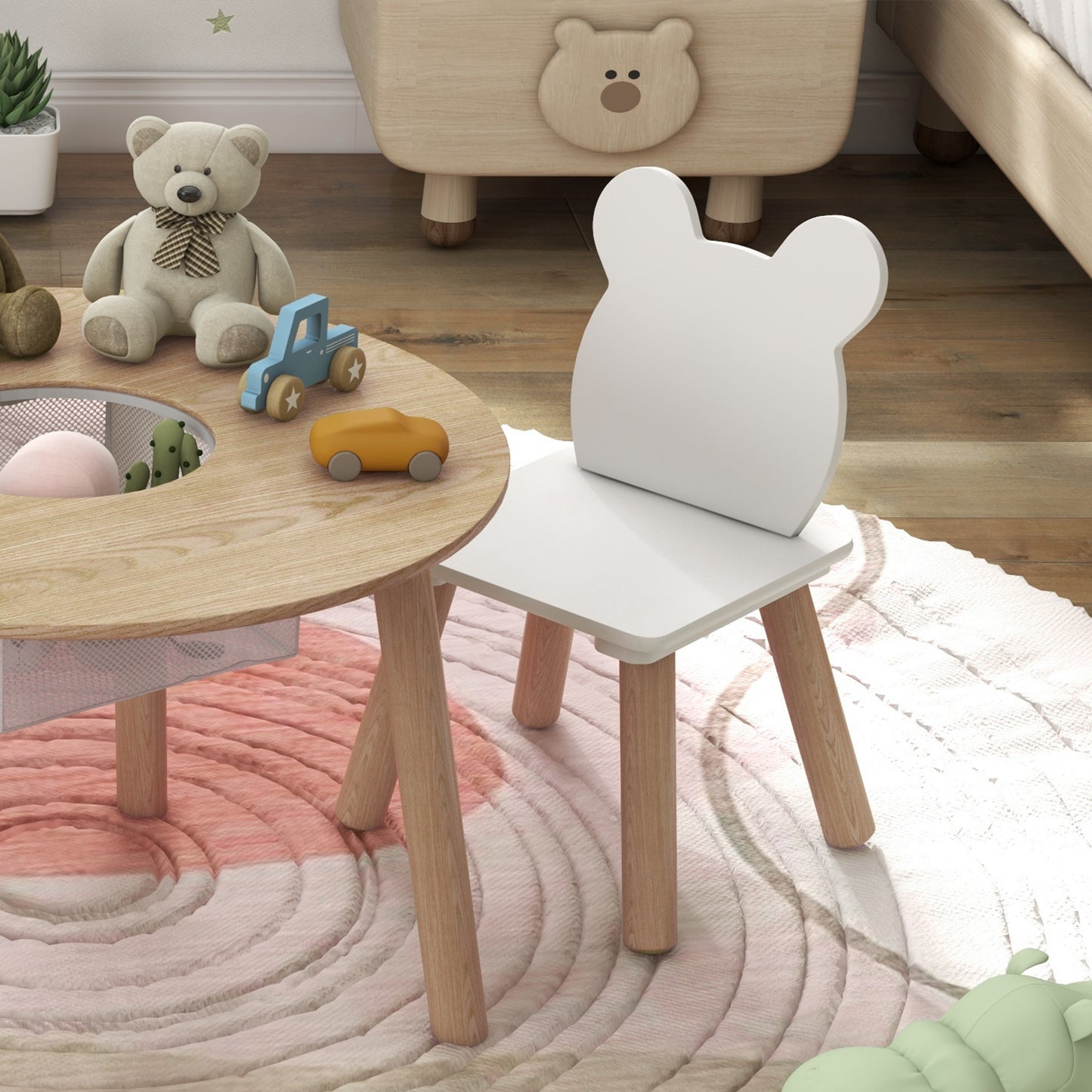 AIYAPLAY 3 Piece Kids Activity Table Set With Mesh Bag Bear Shaped Backrest For Arts And Crafts Reading And Dining
