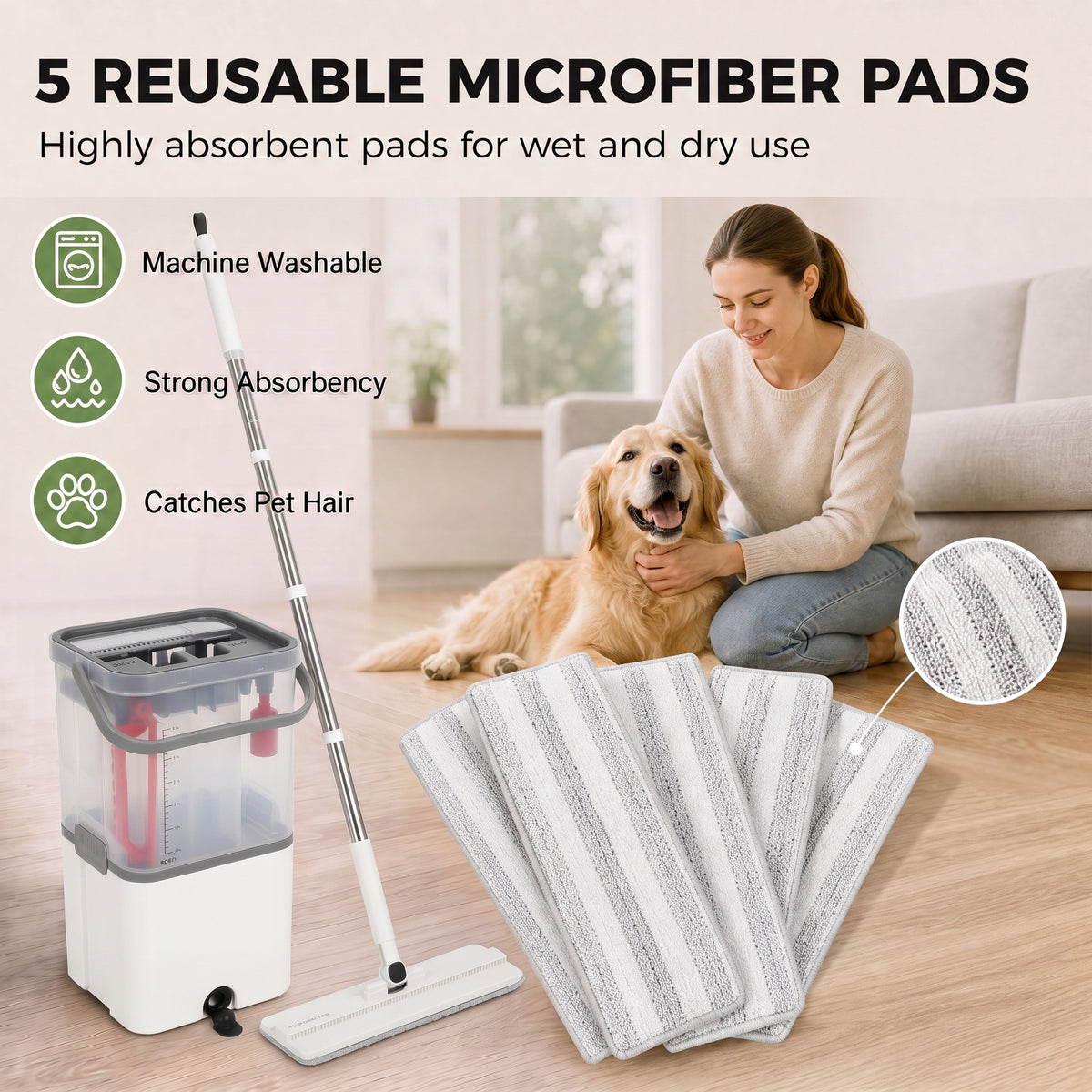 Reusable microfiber mop pads and flat mop head with dual-chamber bucket for wet and dry use.
