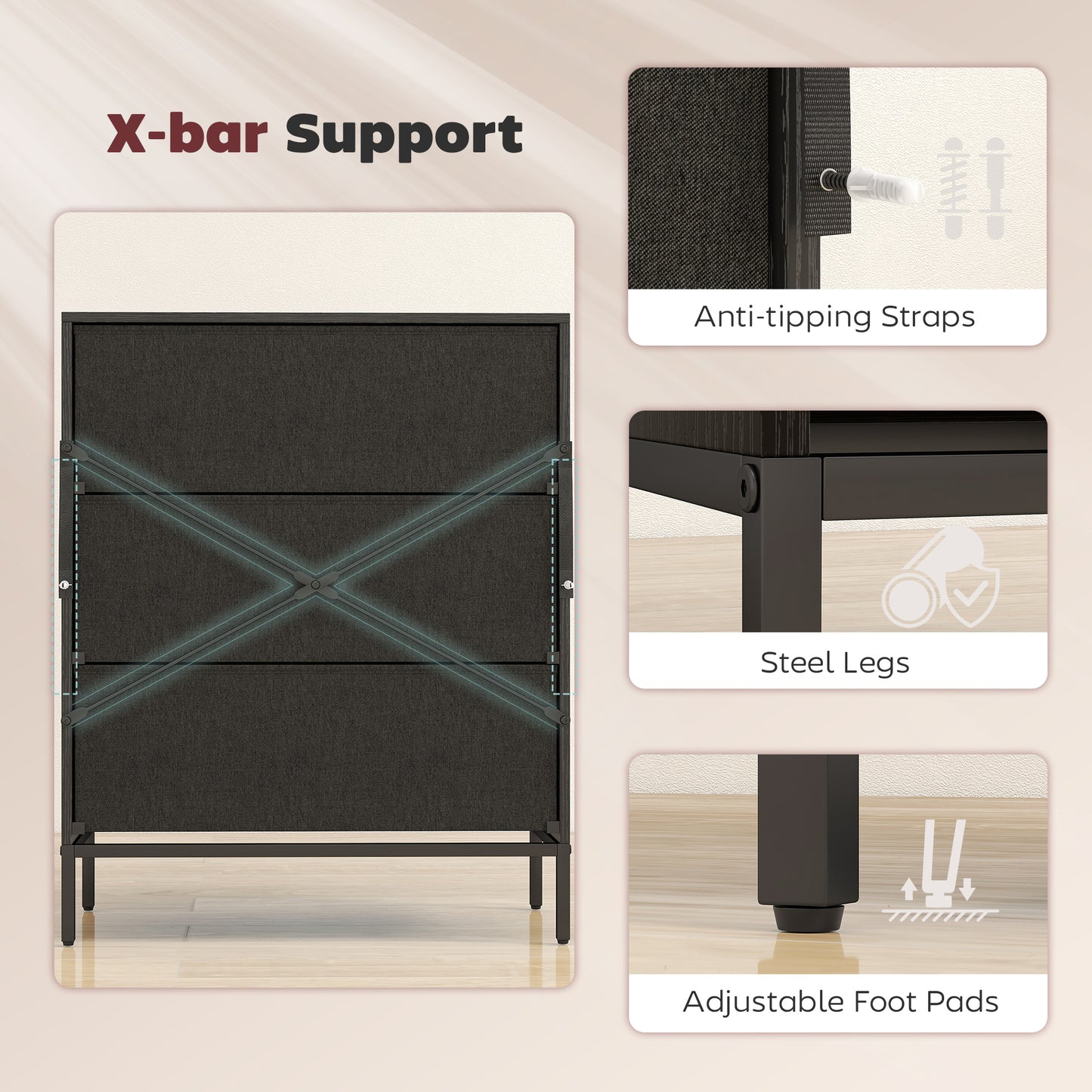 HOMCOM Chest Of Drawers With 3 Fabric Drawers And Aluminium Handles Black Modern Bedroom Storage