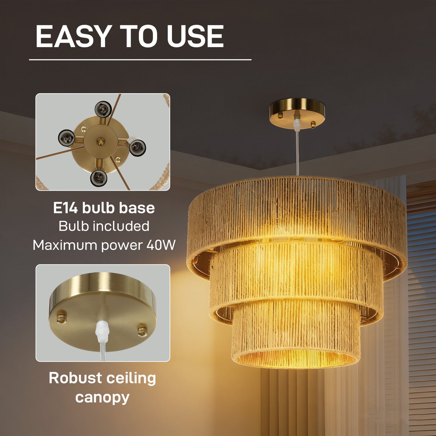 HOMCOM Hemp Rope Ceiling Light 3 Layer Boho Pendant With 4 E14 Fixtures For Living Room Bedroom Hallway Light Brown