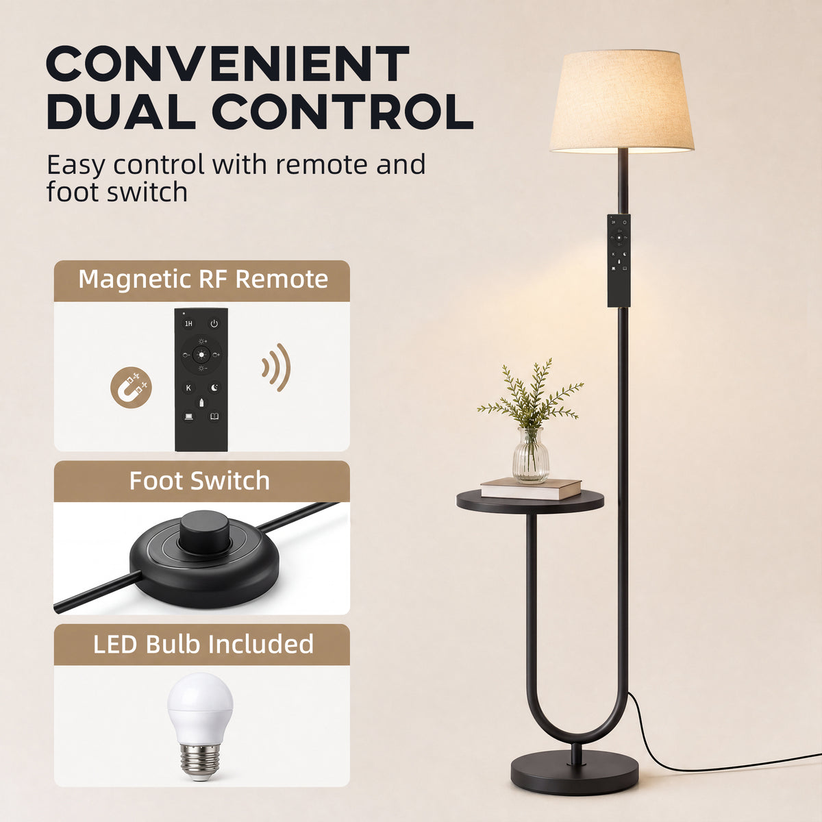 Floor lamp with linen shade, remote and foot switch, plus round side shelf