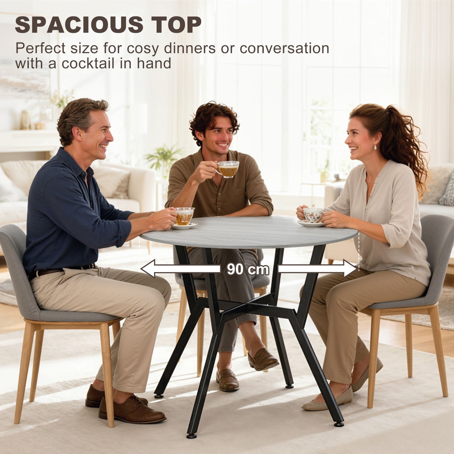 HOMCOM Round Dining Table 90 x 76 cm Grey with Black Metal Legs Anti Slip Foot Pads for Living Room and Dining Room