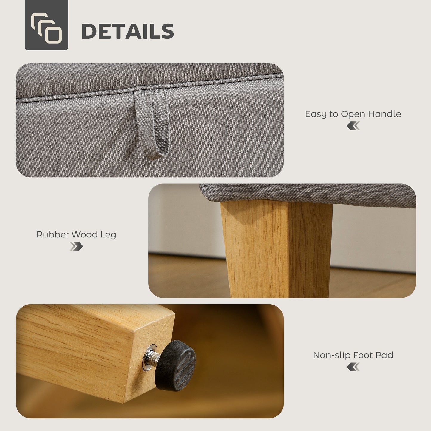 HOMCOM Linen Storage Ottoman 16L Padded Footstool With Rubberwood Legs For Storage Bed End Shoe Bench Seating Light Grey