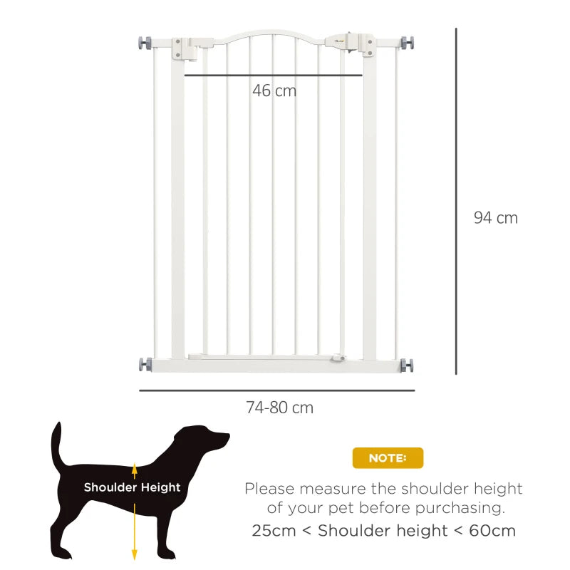 PawHut Pressure Fit Dog Stair Gate - No Drilling Safety Gate with Auto Close for Doorways and Hallways - Adjustable 74-80cm Width, 94cm Height - White - ALL4U RETAILER LTD