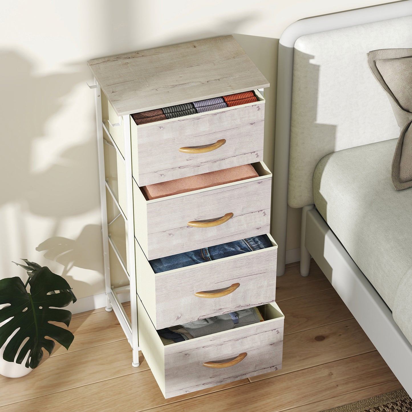 HOMCOM Four Drawer Fabric Chest With Steel Frame Side Pockets And Bedroom Storage Hooks