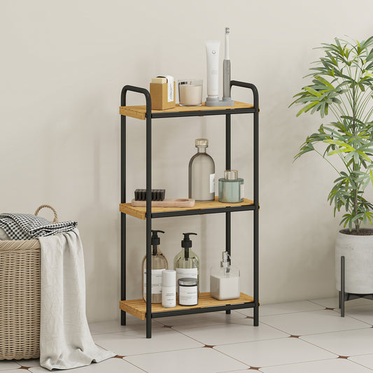 HOMCOM 3 Tier Bamboo Bathroom Storage Shelf Freestanding Narrow Shelving Unit With Slatted Shelves Natural Black
