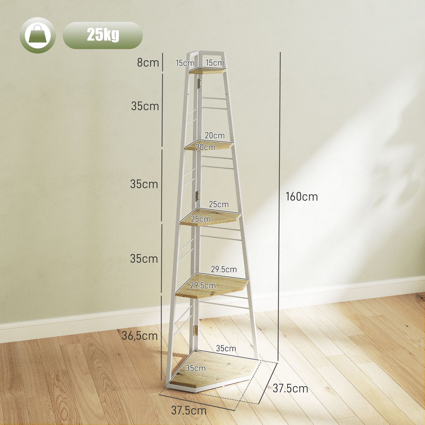 HOMCOM Five Tier Corner Shelf White Wood Effect Steel Frame Ladder Organizer For Living Room Decor With Adjustable Feet