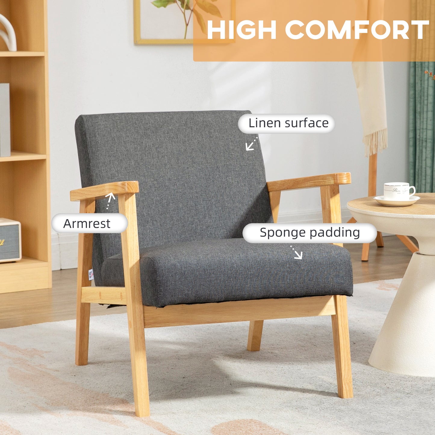 HOMCOM Set of 2 Accent Armchairs, Wooden Upholstered Lounge Chairs with Rubber Wood Legs, Padded Seat, Dark Grey