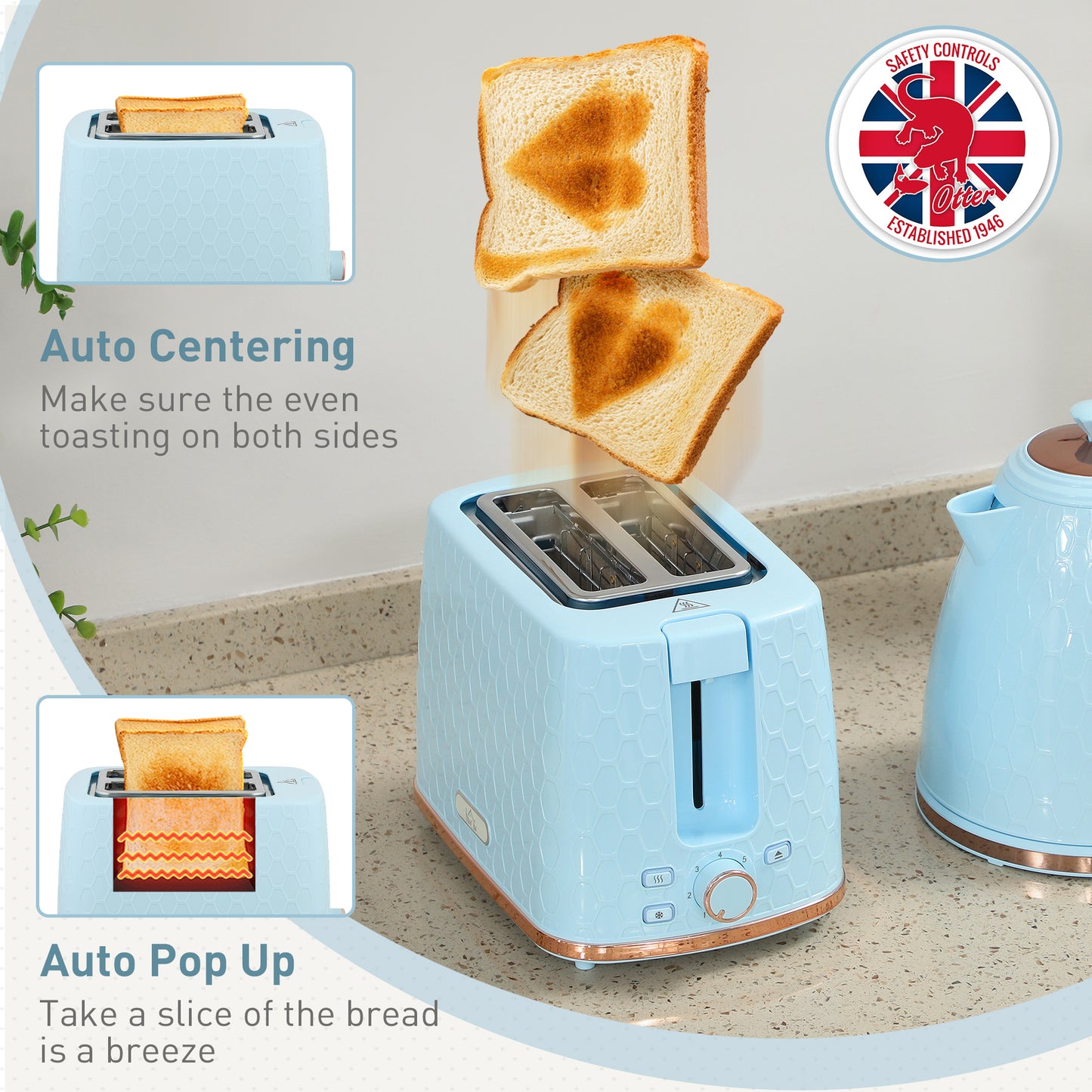 HOMCOM 1.7L 3000W Fast Boil Kettle And 2 Slice Toaster Set With Auto Shut Off And Browning Controls Light Blue