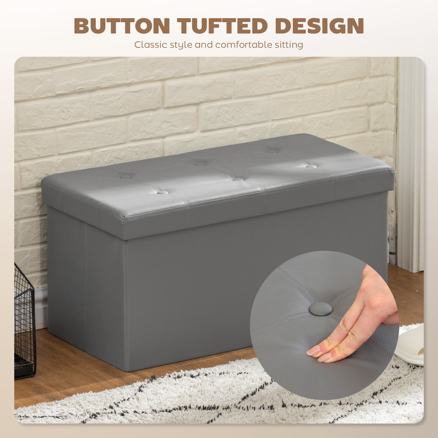 HOMCOM Storage Ottoman Bench 89L PU Leather Folding Foot Rest Stool End Bed Bench For Living Room Bedroom Entryway Grey