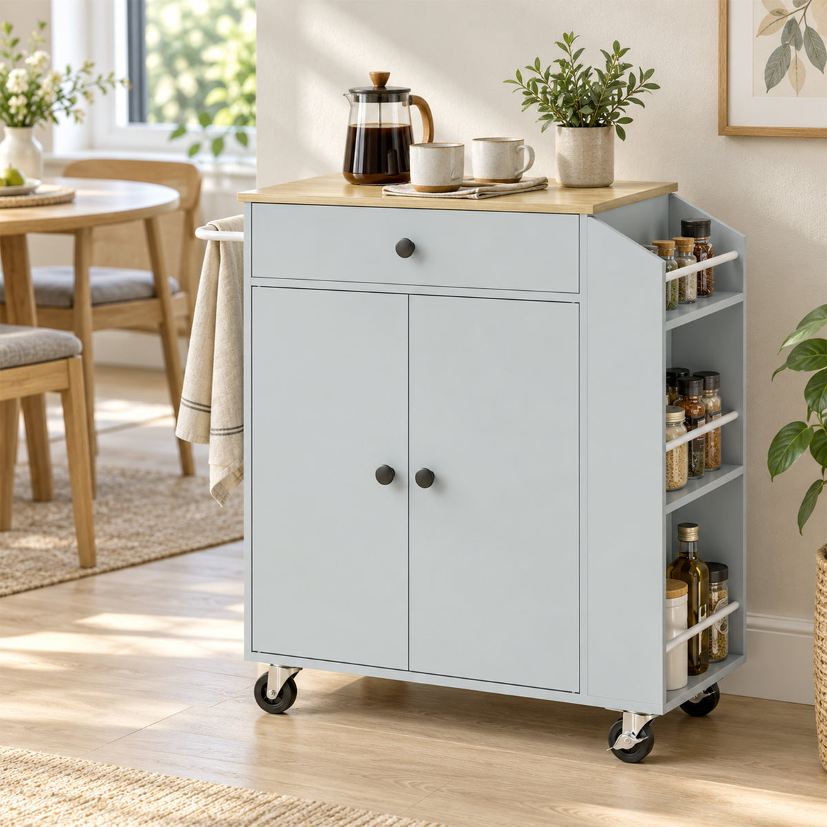 Light gray rolling kitchen island cart with wood countertop and side spice rack shelving