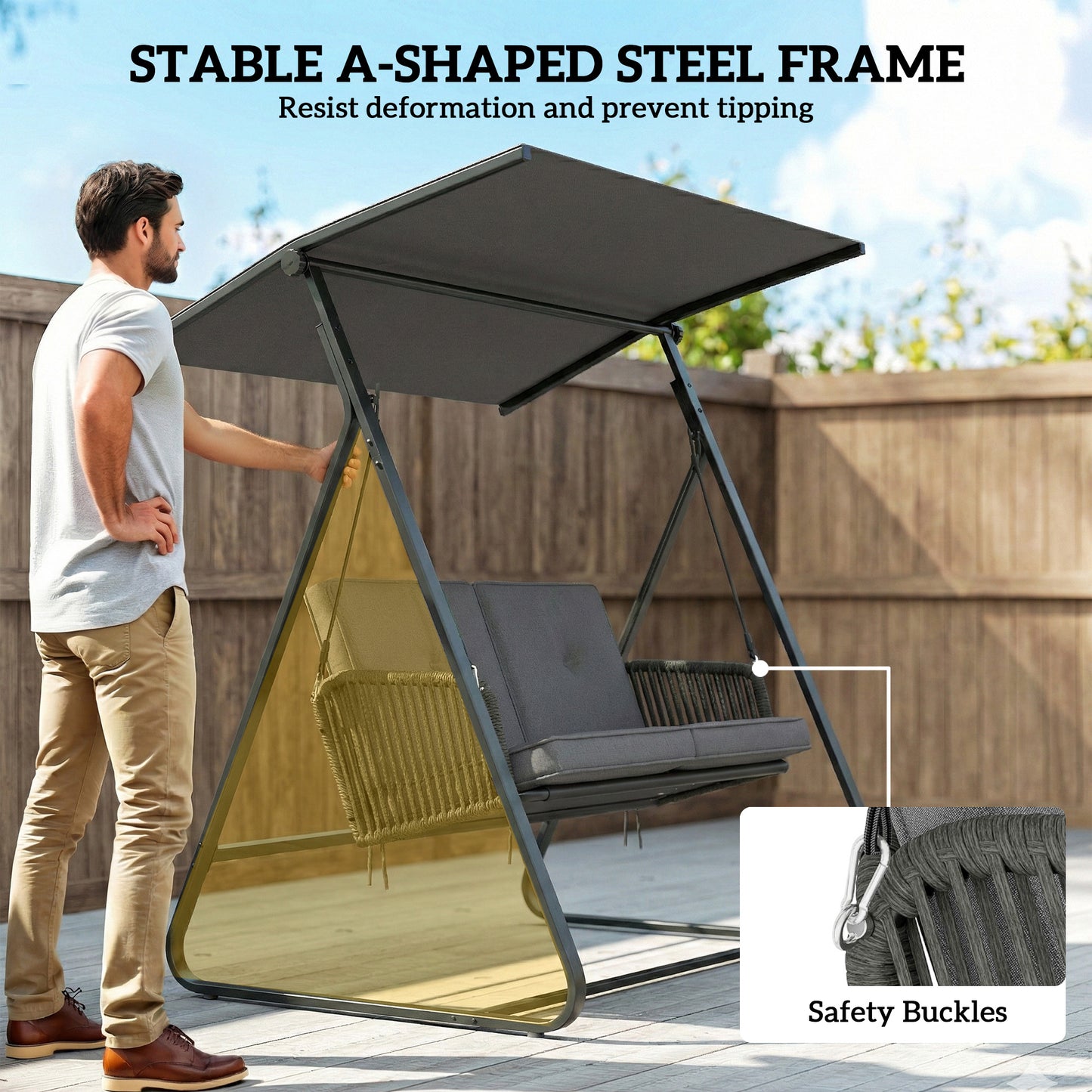 Outsunny 2-Seater Rattan Hanging Swing Chair For Outdoor Garden With Stand Adjustable Canopy And Cushions