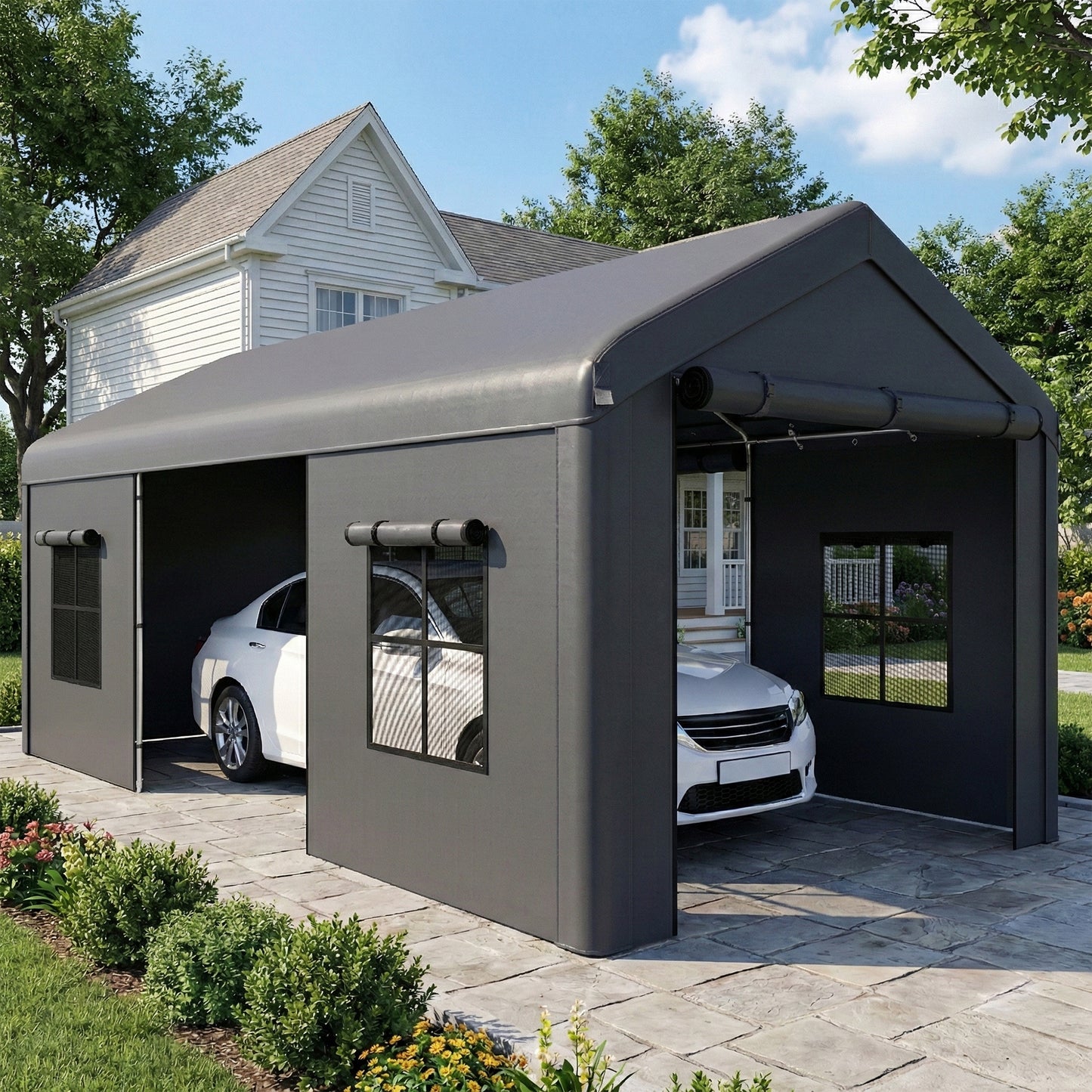 Outsunny 3 x 6 m Heavy Duty Carport Portable Garage Car Canopy Tent with Galvanised Frame Doors Windows Dark Grey