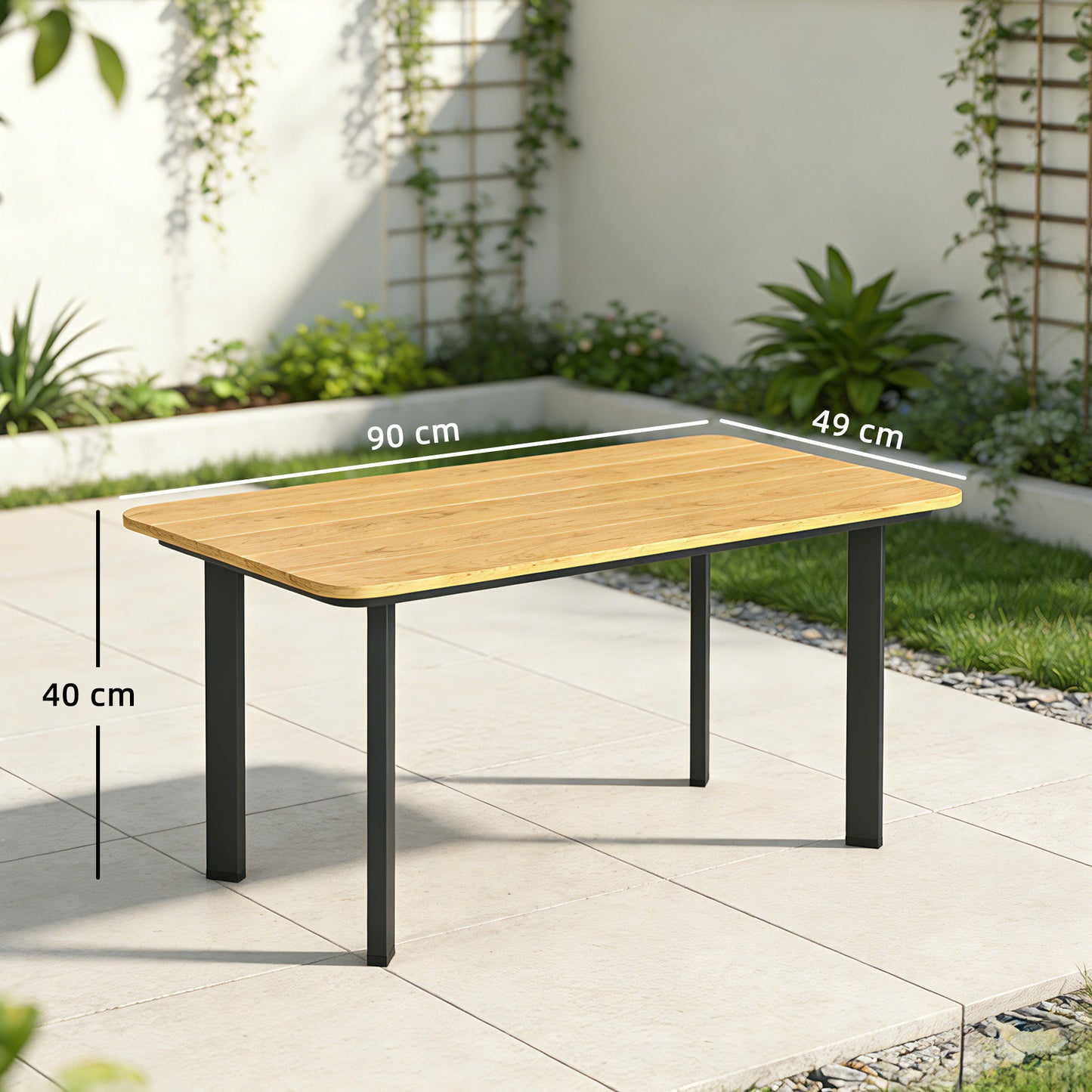 Outsunny Outdoor Garden Coffee Table With Slatted Wood Plastic Composite Top And Weather Resistant Metal Frame Brown