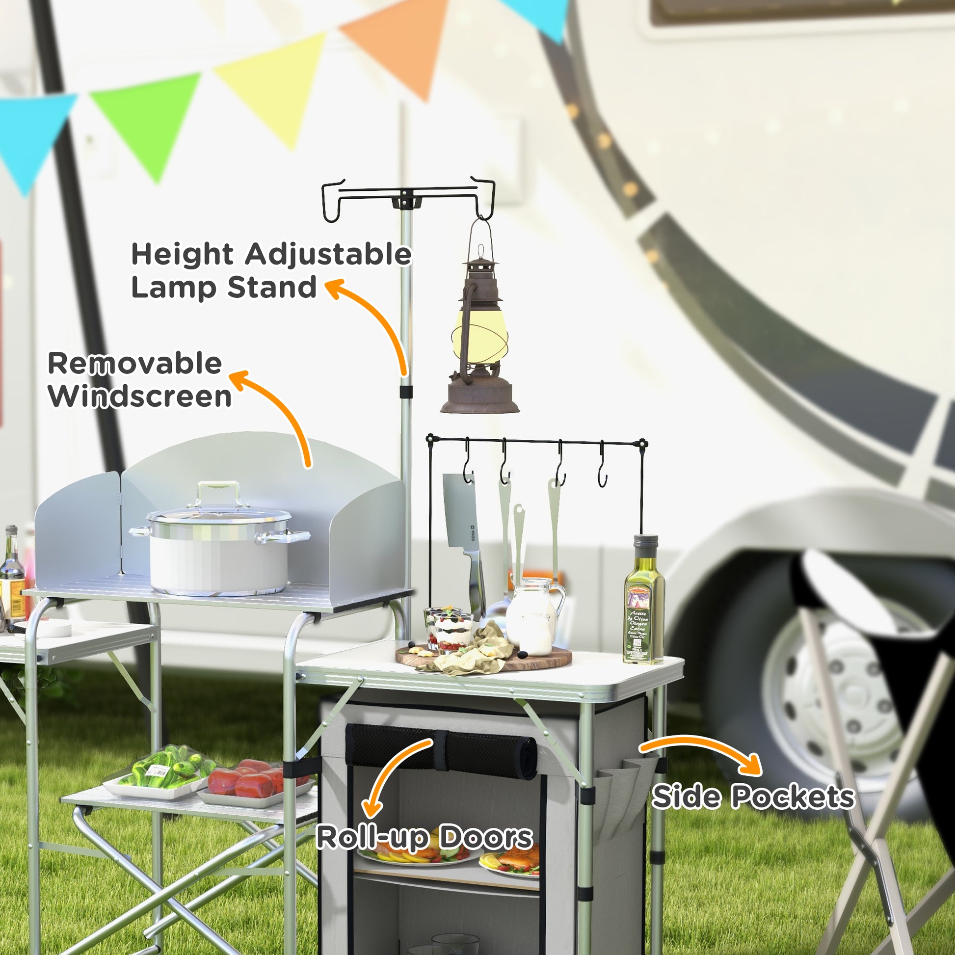 Outsunny All-in-One Portable Camping Kitchen with Aluminium Folding Table, Windshield & Light Stand - Includes Carry Bag - ALL4U RETAILER LTD