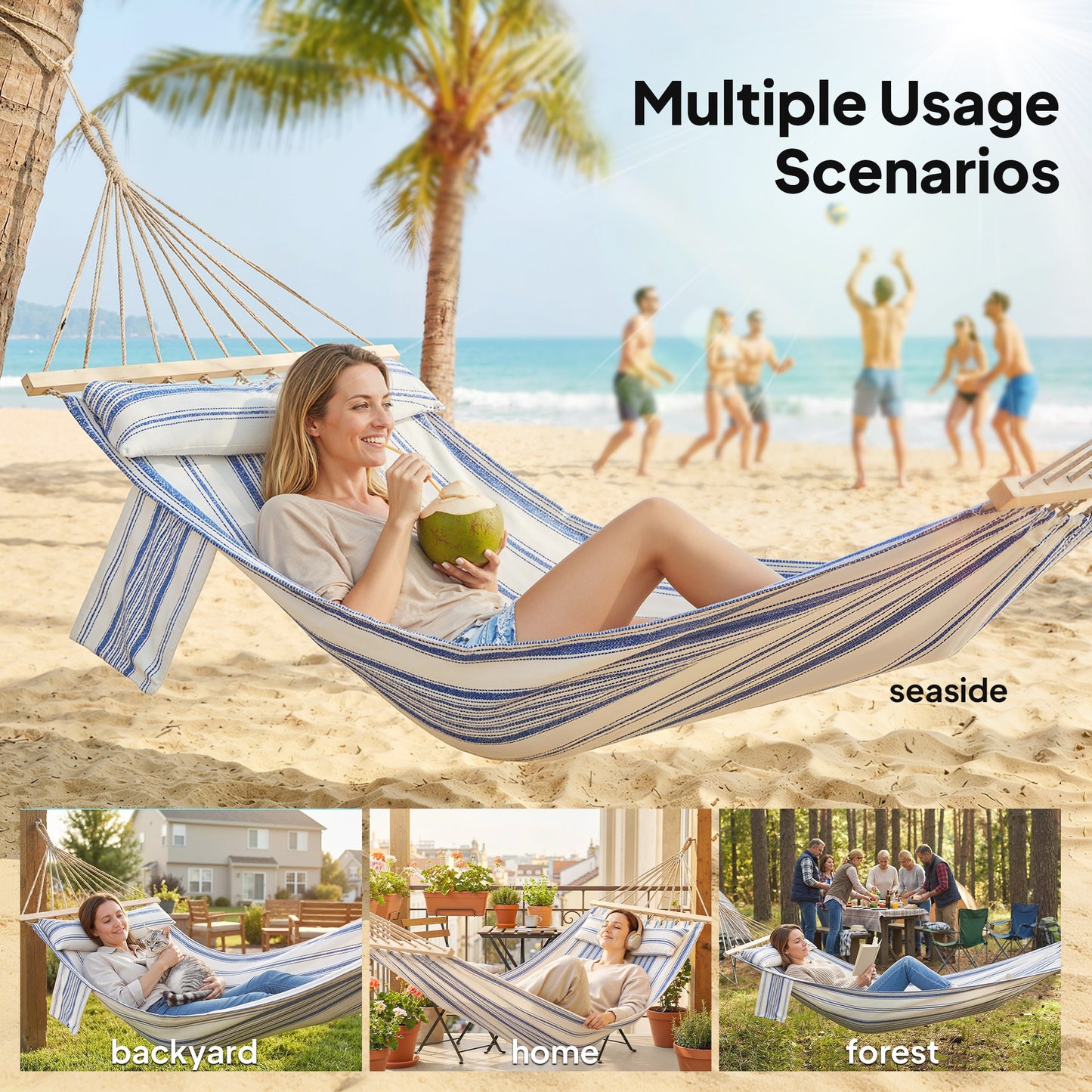Outsunny Cotton Hammock With Headrest And Side Pocket Portable Swing Blue And White Outdoor Relaxation