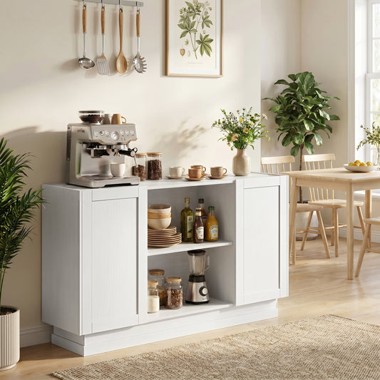 White sideboard buffet cabinet with 2 open shelves and 2 cupboard doors.