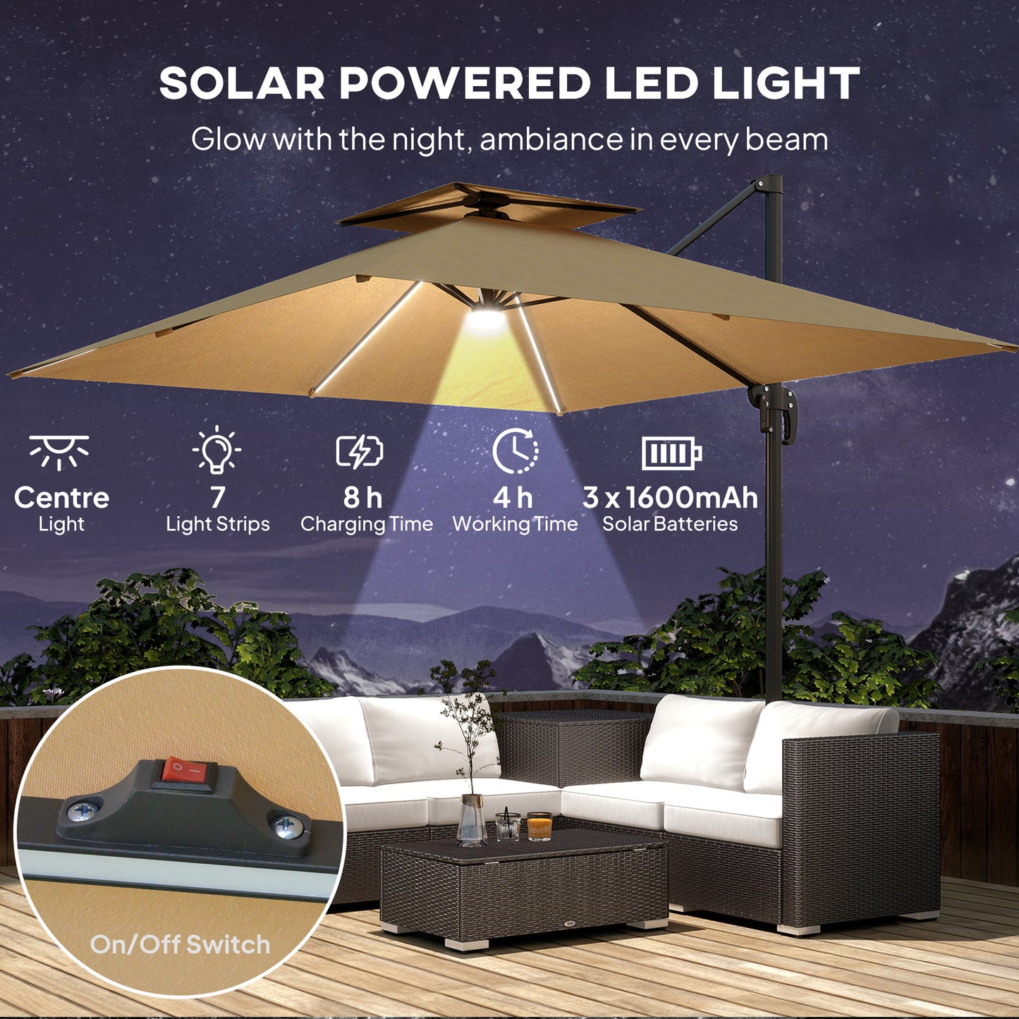 Outsunny 2.5m Cantilever Parasol With Solar Powered LED Lights 360 Degree Rotation Tilt Adjustment Crank Khaki