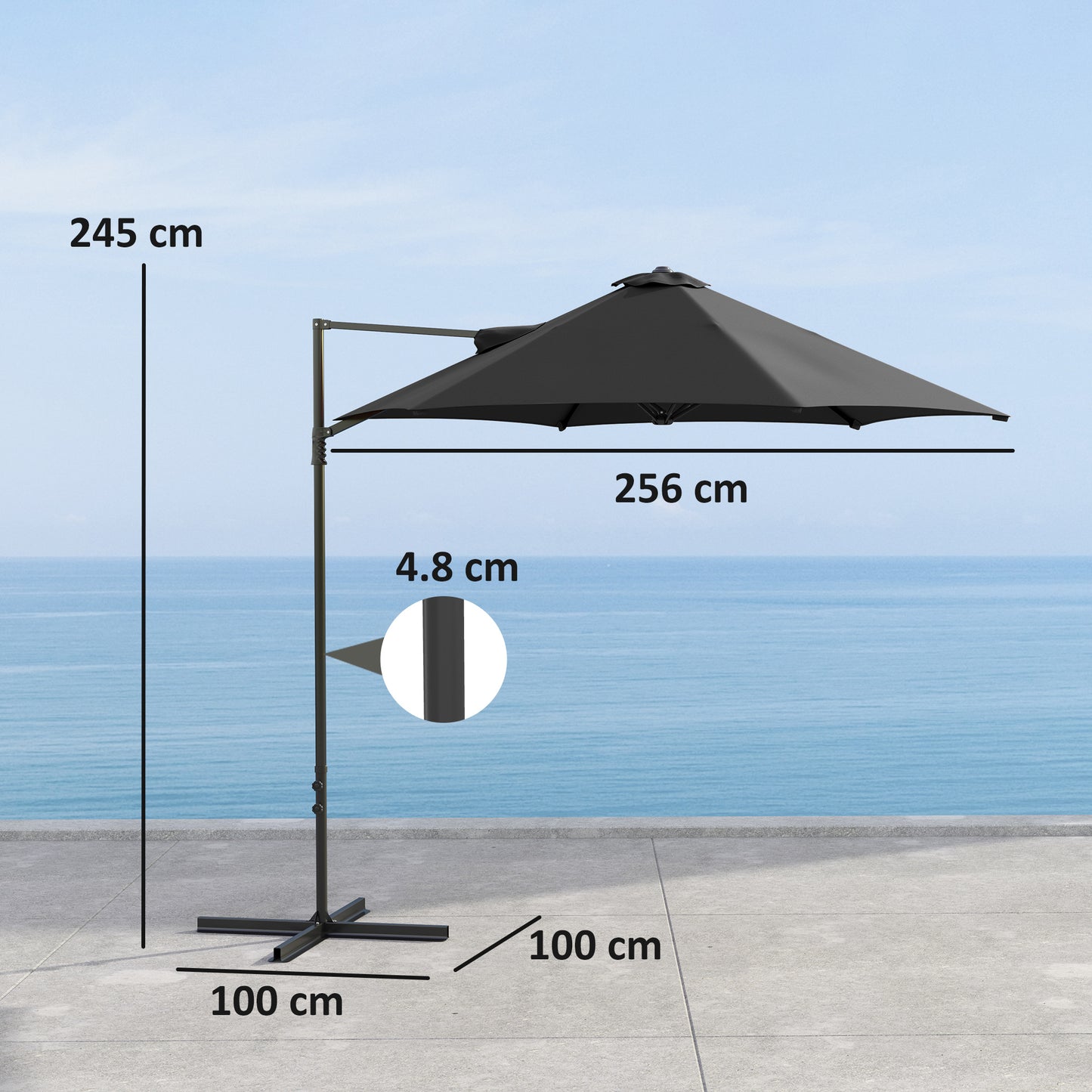 Outsunny 2.5m Rotating Cantilever Parasol With Base Black 256cm Canopy For Patio