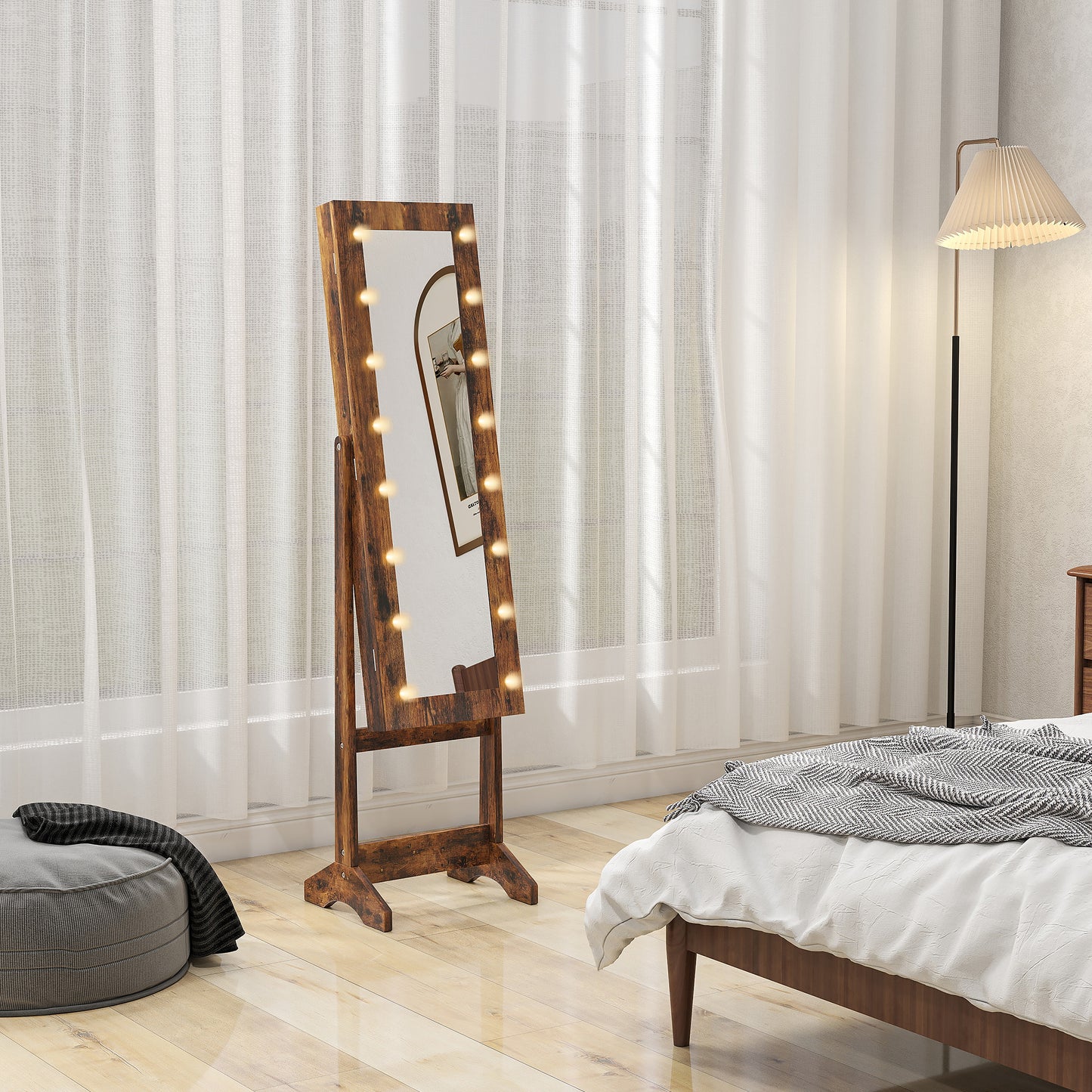 HOMCOM Freestanding Mirrored Jewellery Storage Cabinet Wood Effect With Longline Mirror And 16 LED Lights