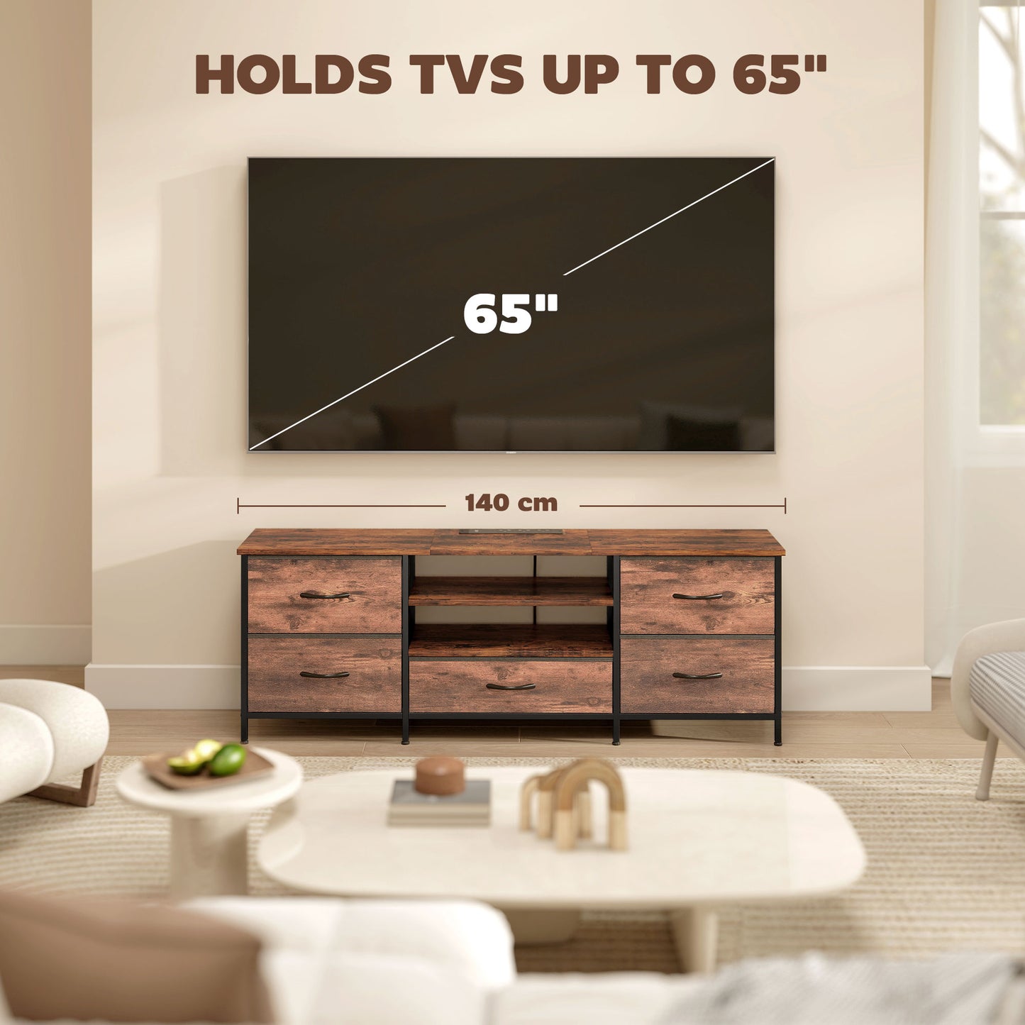 HOMCOM Multi Storage Industrial TV Stand For 65 Inch TV Dark Wood Effect With Grey Fabric Drawers And Steel Frame