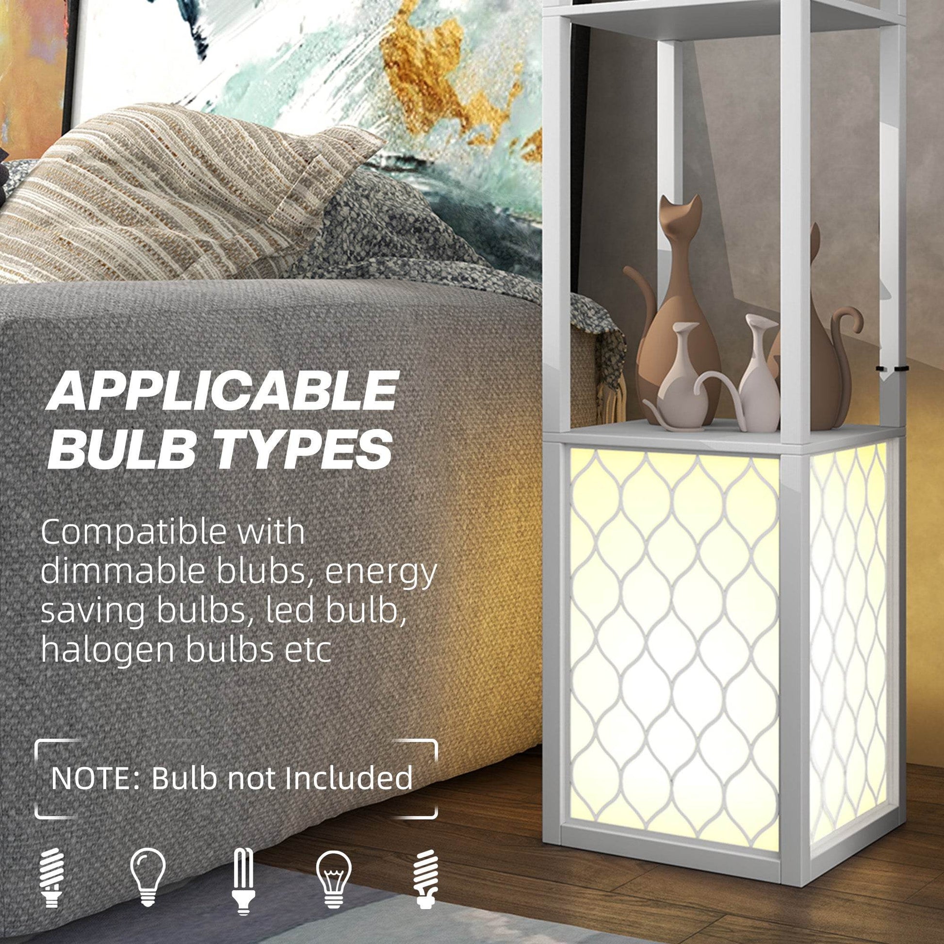 Modern White Tall Floor Lamp with Dual Light and Storage Shelves, Pull Chain Switch (Bulb Not Included) - ALL4U RETAILER LTD