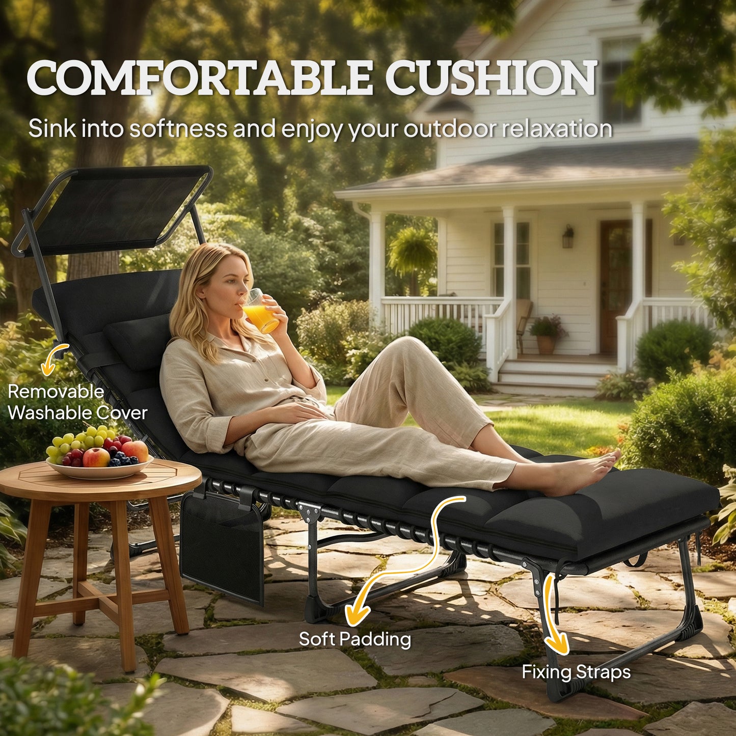 Outsunny Folding Sun Lounger with Canopy and Cushion, Reclining Sunbed with Side Pocket and Carry Handle, Black