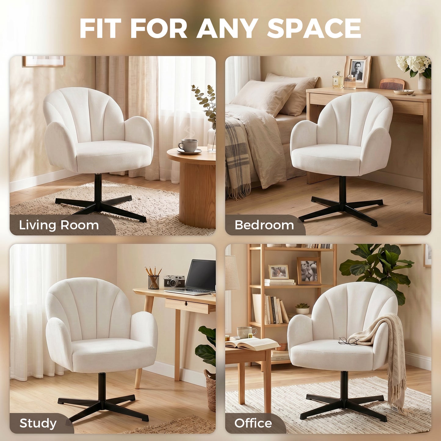 HOMCOM Swivel Accent Chair Shell Shaped Armchair With Spring Cushion And Metal Base Cream White