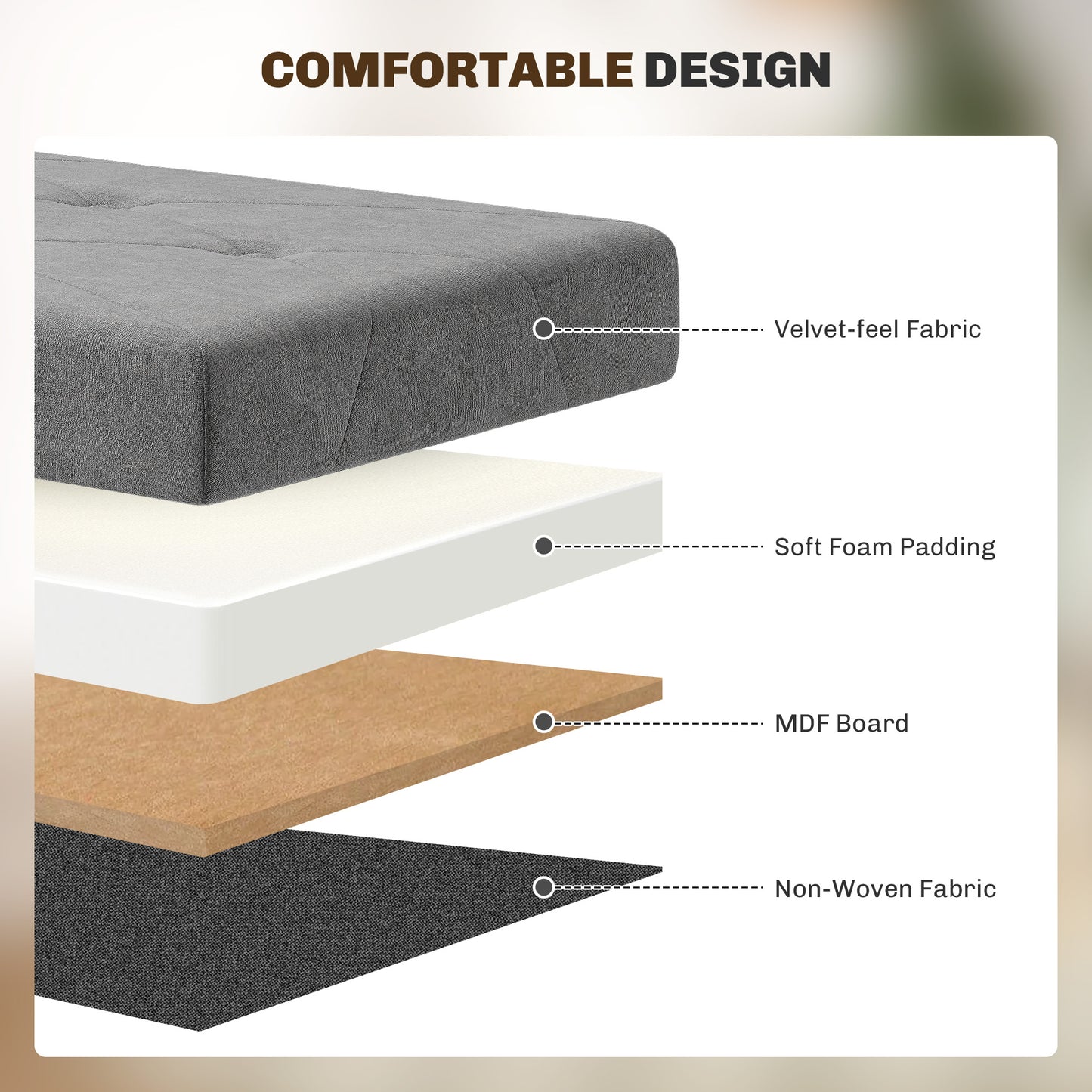 Velvet Upholstered Foldable Storage Ottoman Footrest With Wooden Legs For Living Room Grey