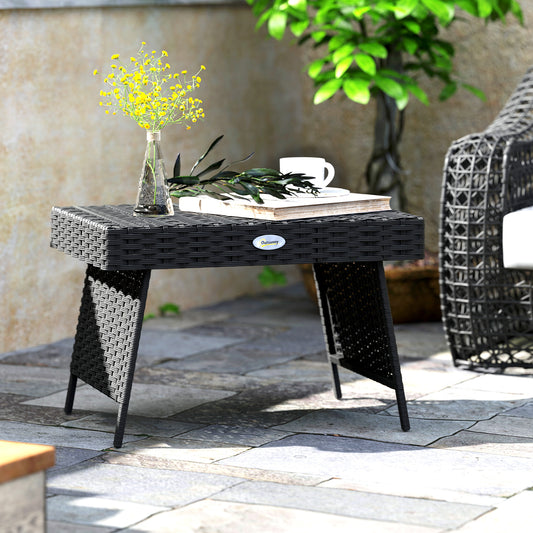 Outsunny Foldable Outdoor Side Table Rattan Garden Table With Steel Frame Space Saving Patio Balcony Black 60x41x41 Cm